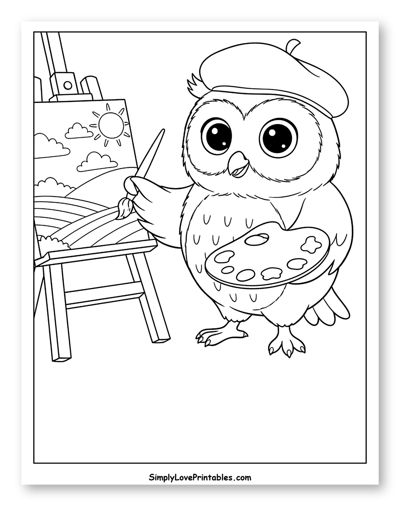 Cute Owl Artist Painting a Landscape to Color for Kids