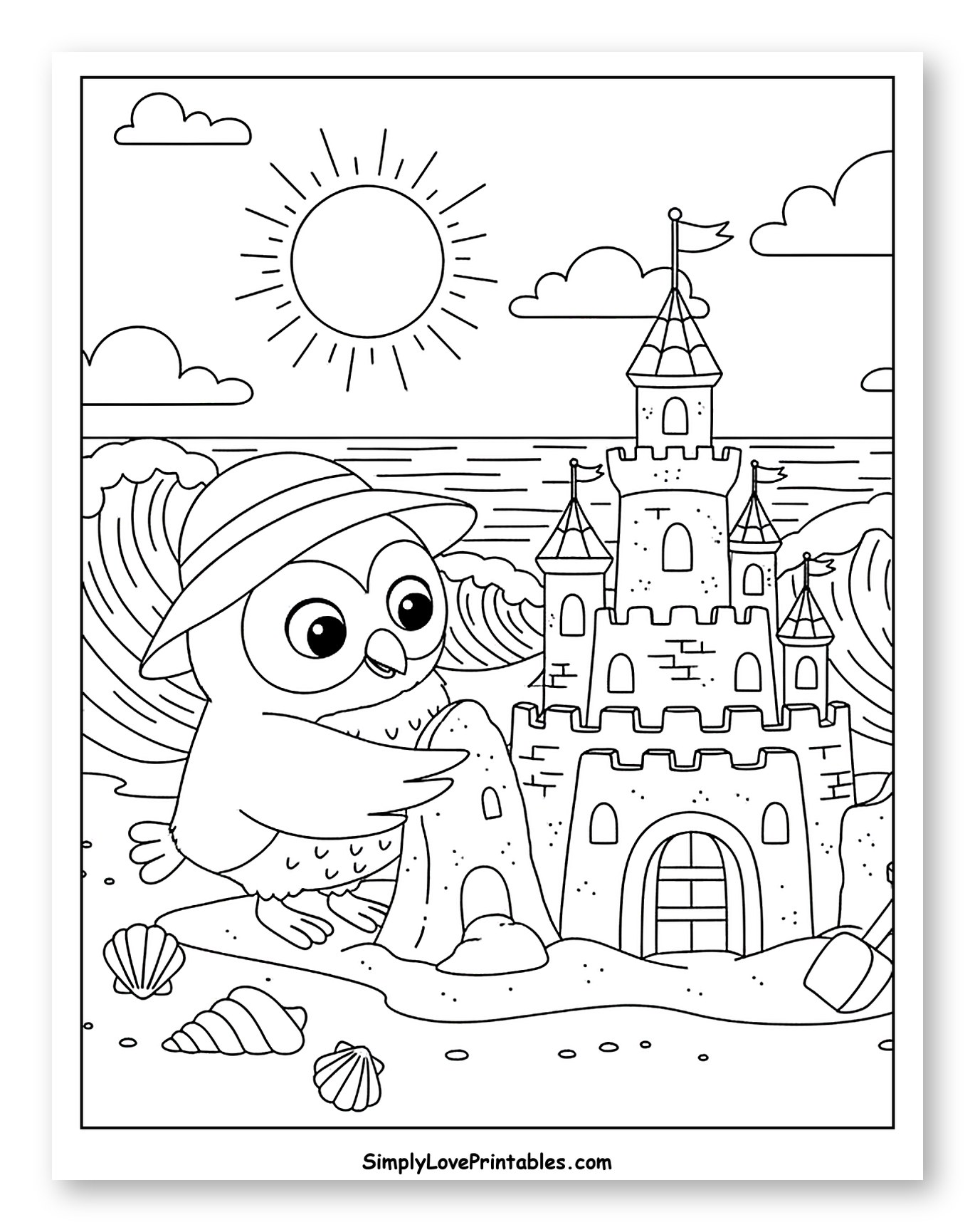 Cute Owl Building Sandcastle at the Beach Coloring Sheet for Kids