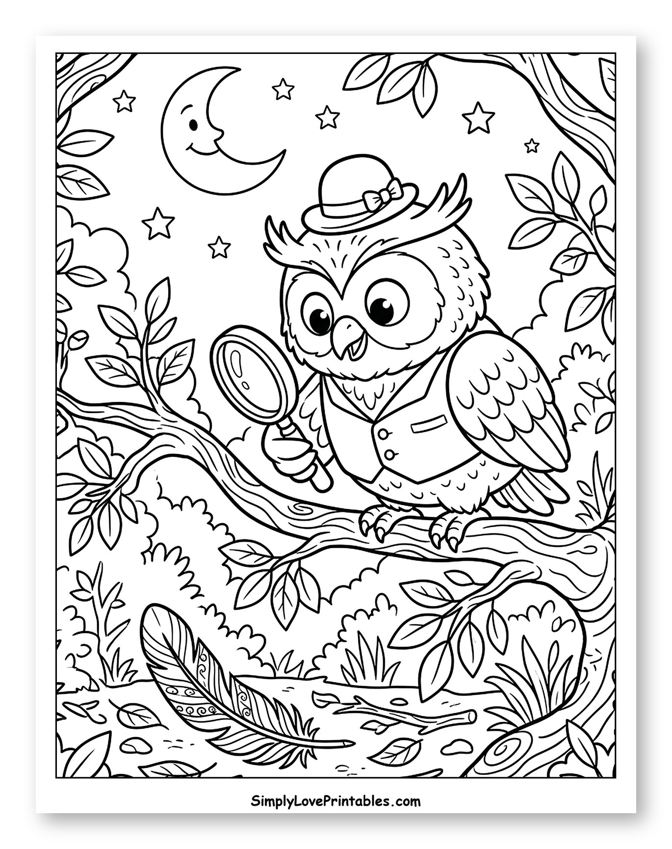 Cute Owl Detective with Magnifying Glass at Night