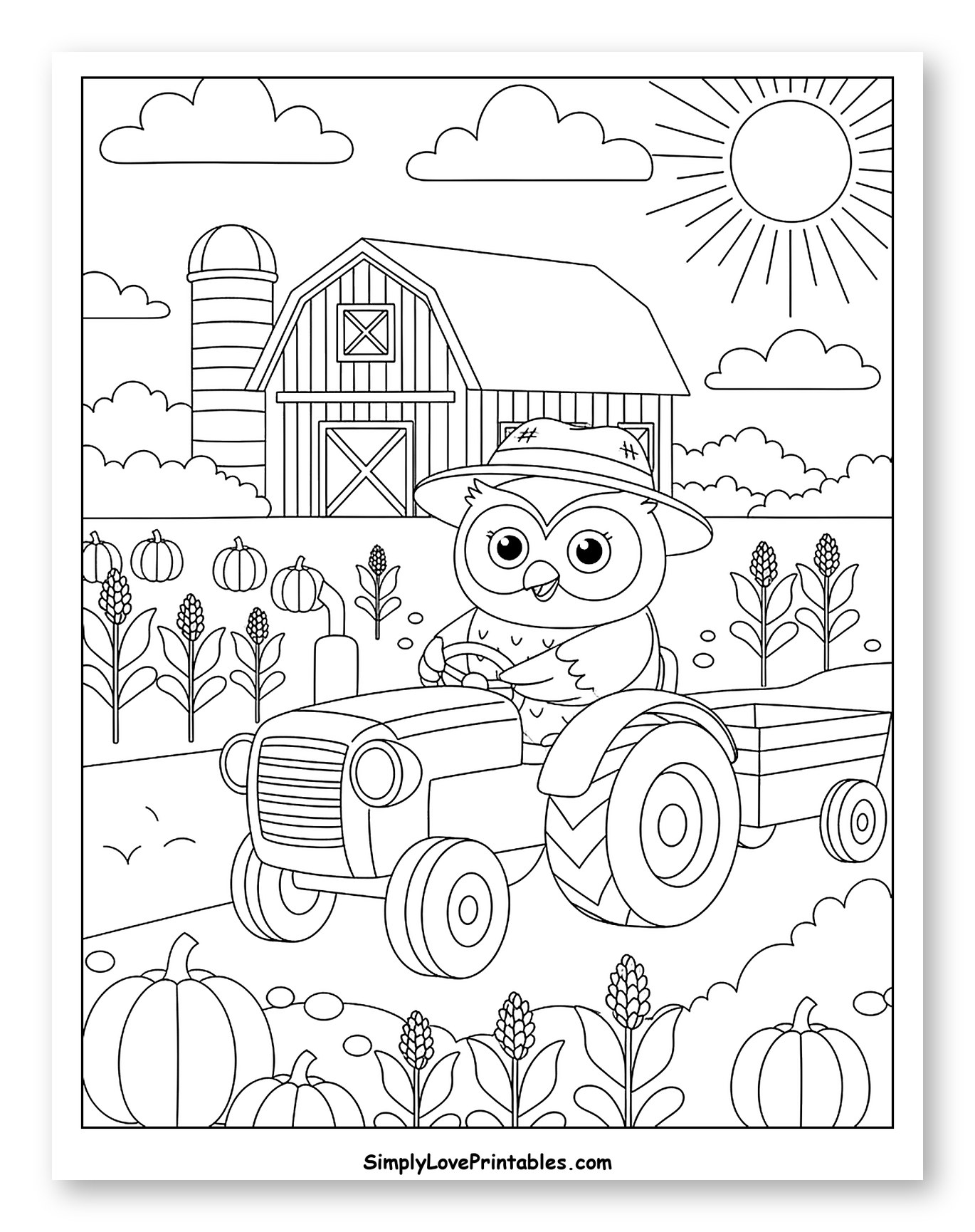 Cute Owl Driving a Tractor with Pumpkins