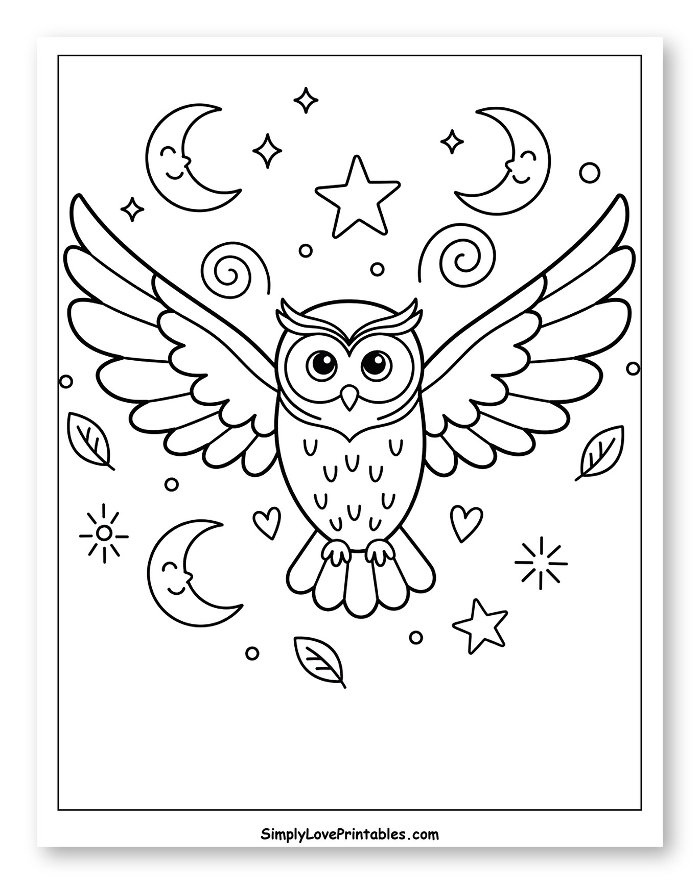 Cute Owl Flying Among Moon and Stars Coloring Page for Adults