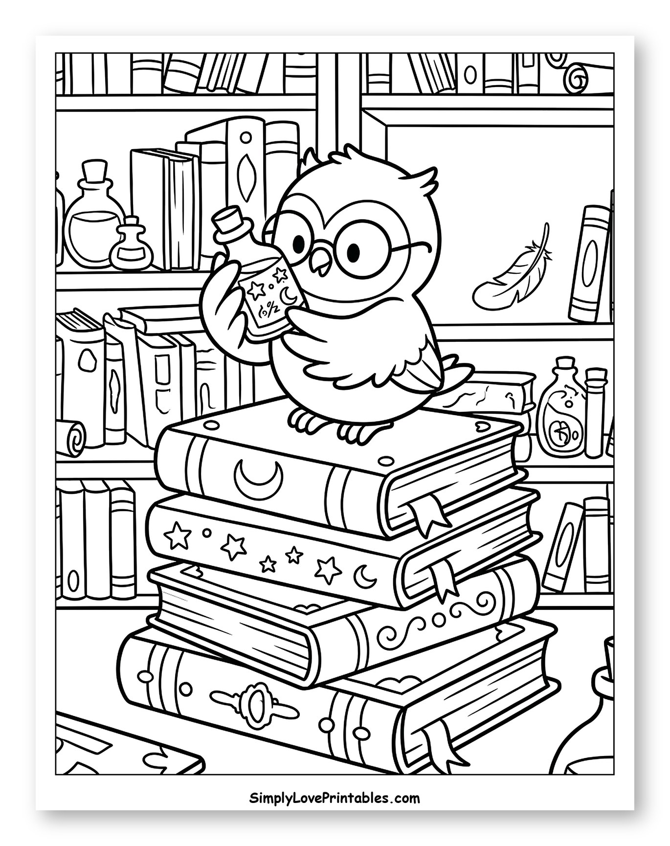 Cute Owl Holding Potion Bottle in Library Coloring Page for Kids