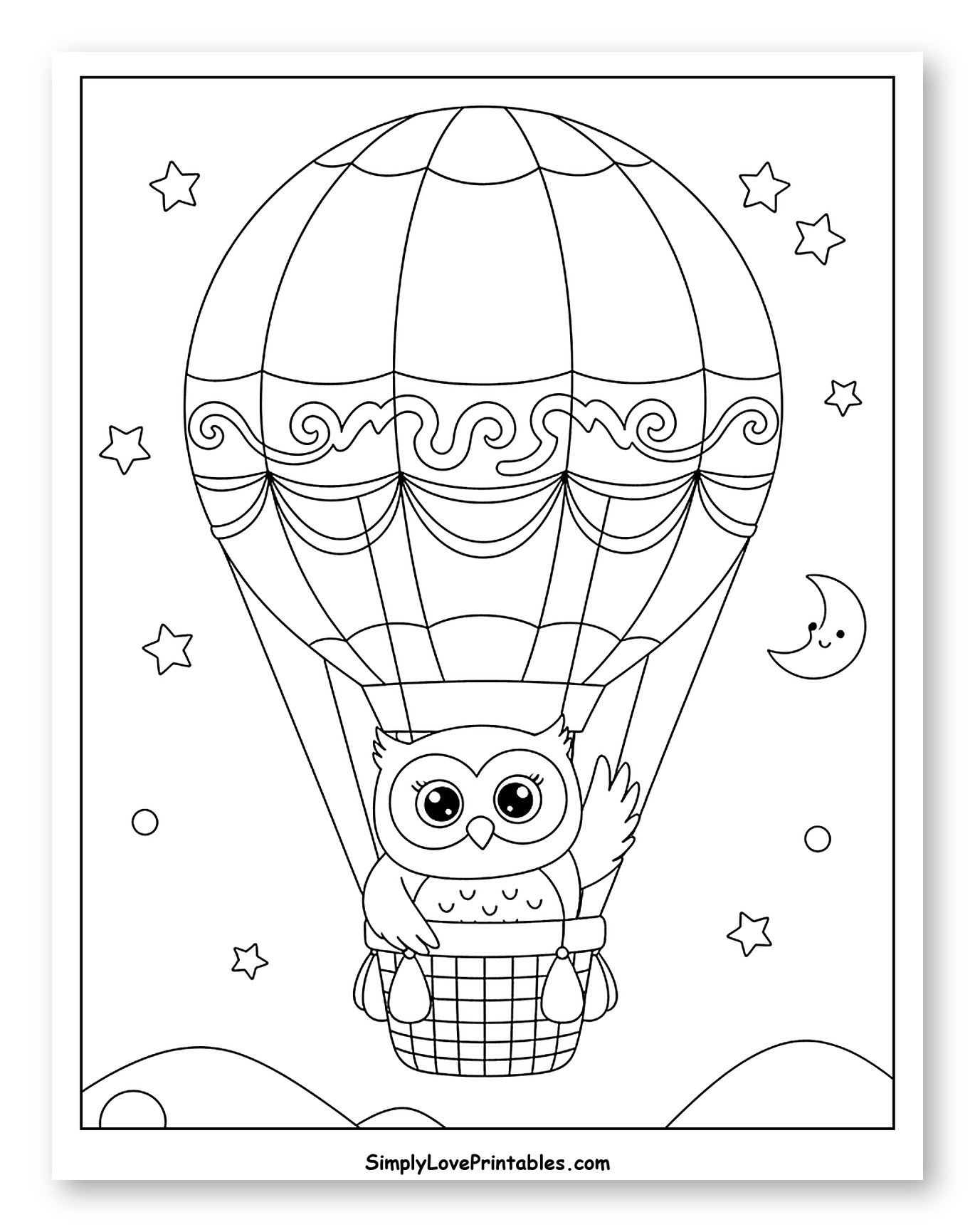 Cute Owl in Hot Air Balloon Over Smiling Landscape to Color for Kids