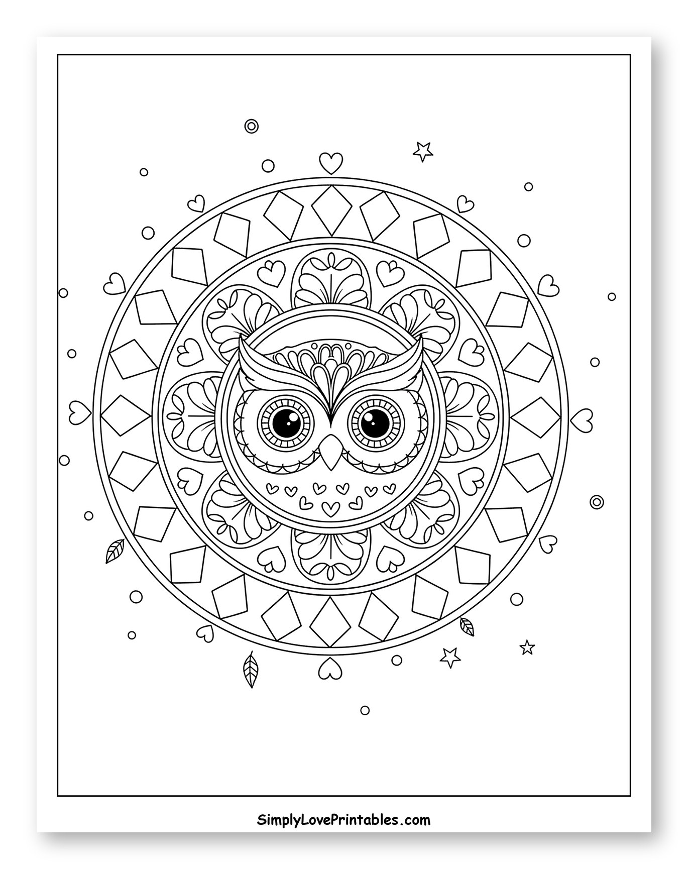 Cute Owl Mandala with Hearts and Diamonds Coloring Sheet for Adults