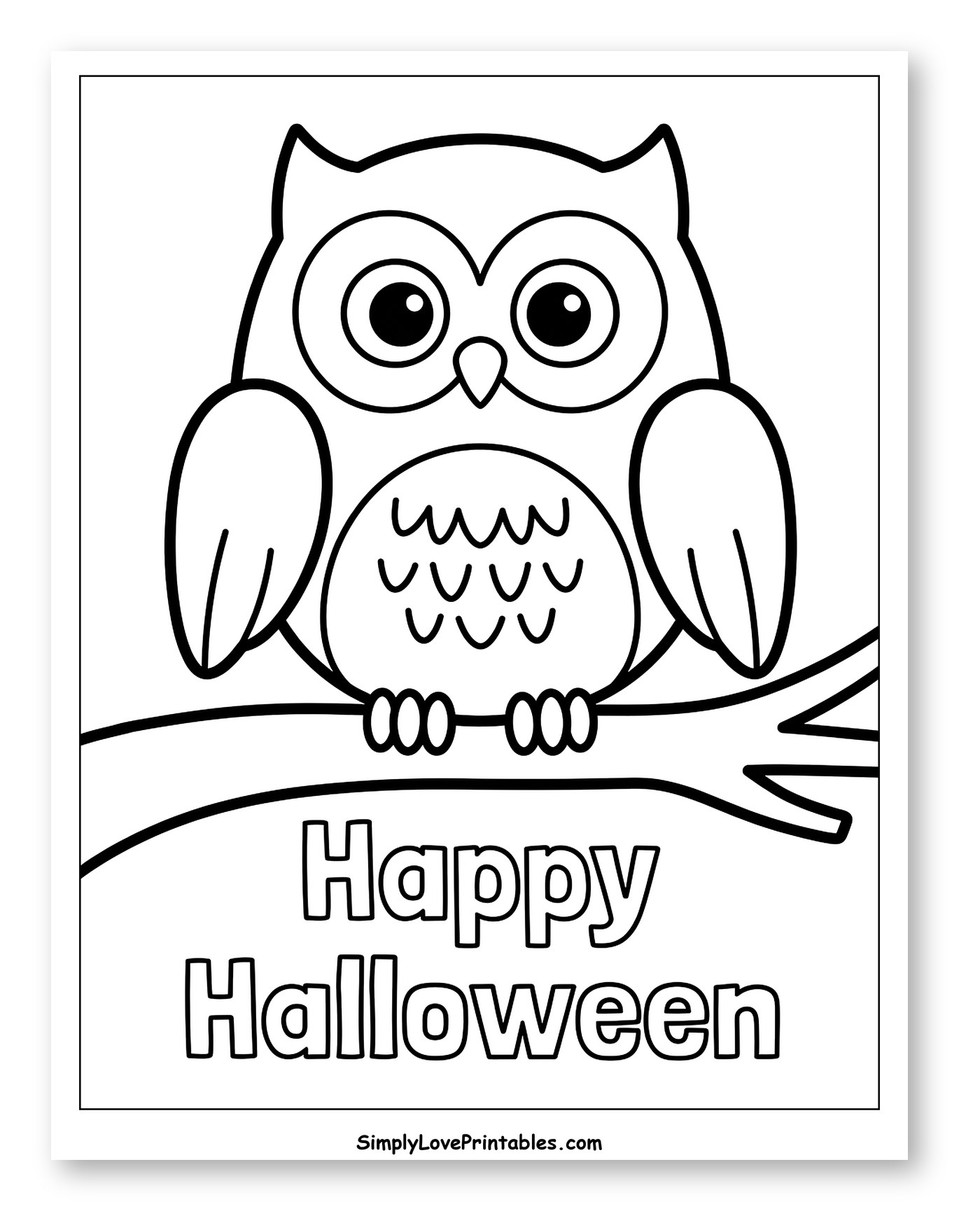 Cute Owl on a Branch with Happy Halloween to Color for Toddlers