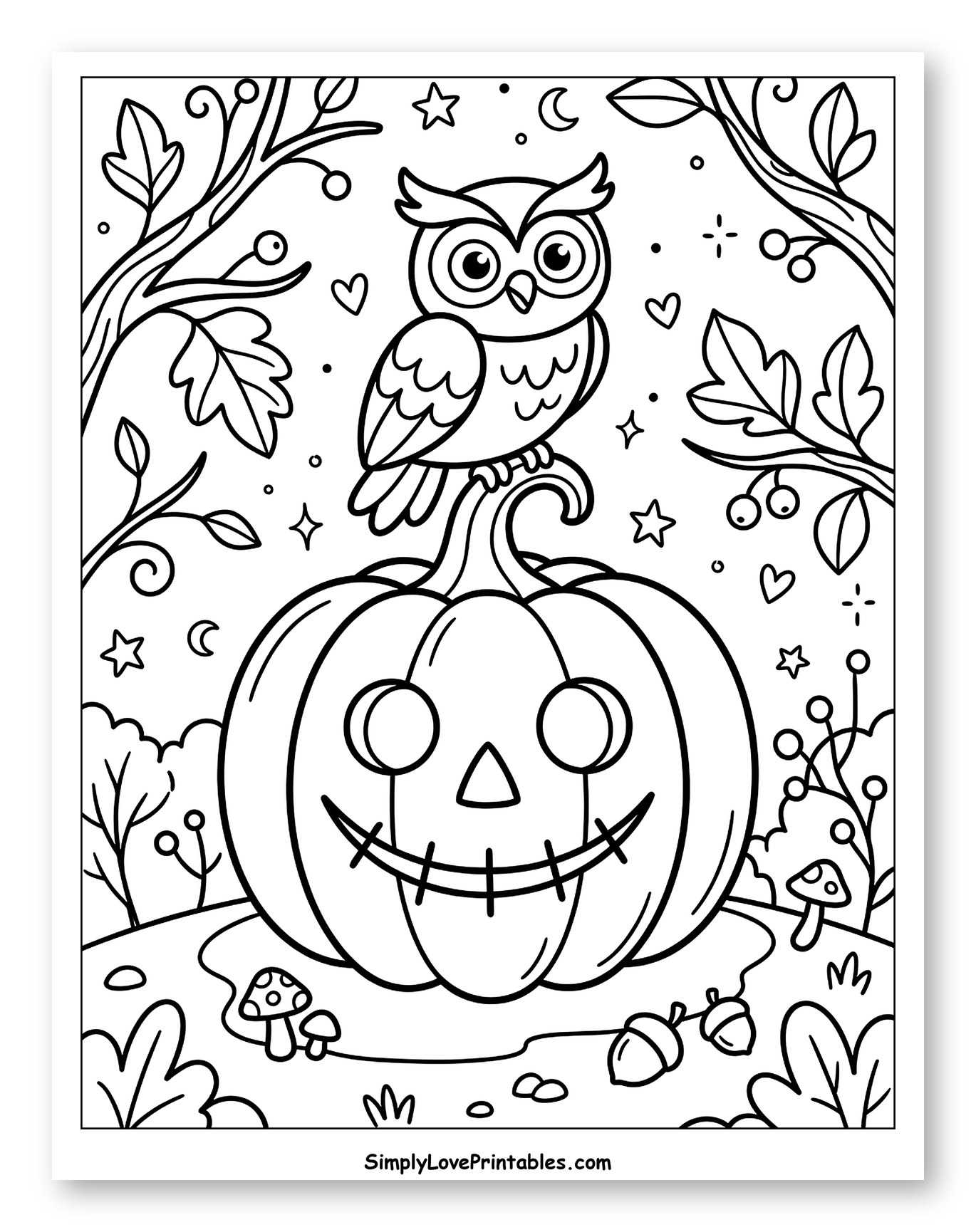 Cute Owl on a Jack-O'-Lantern with Autumn Foliage