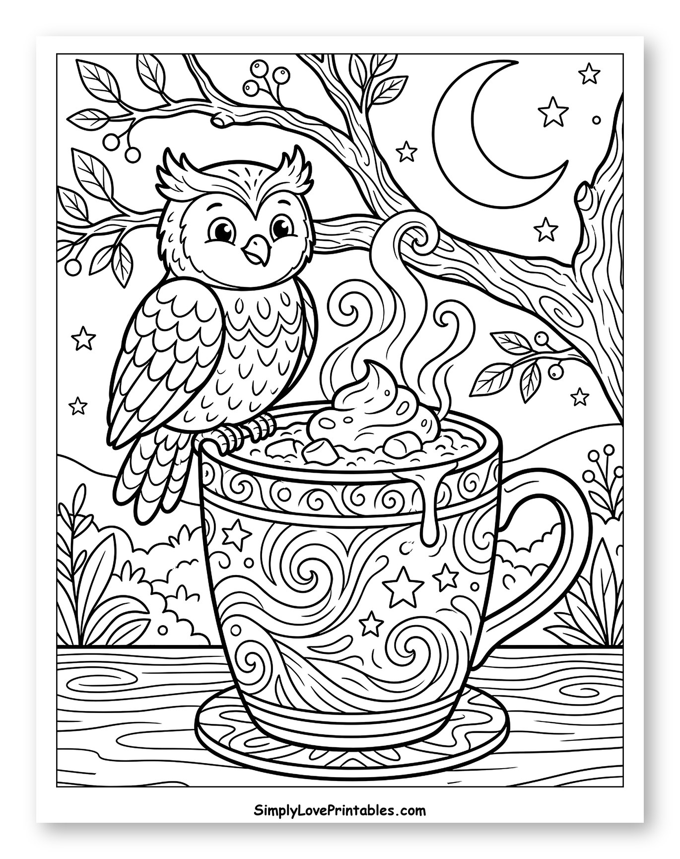 Cute Owl on Hot Chocolate Mug at Night Coloring Page for Kids