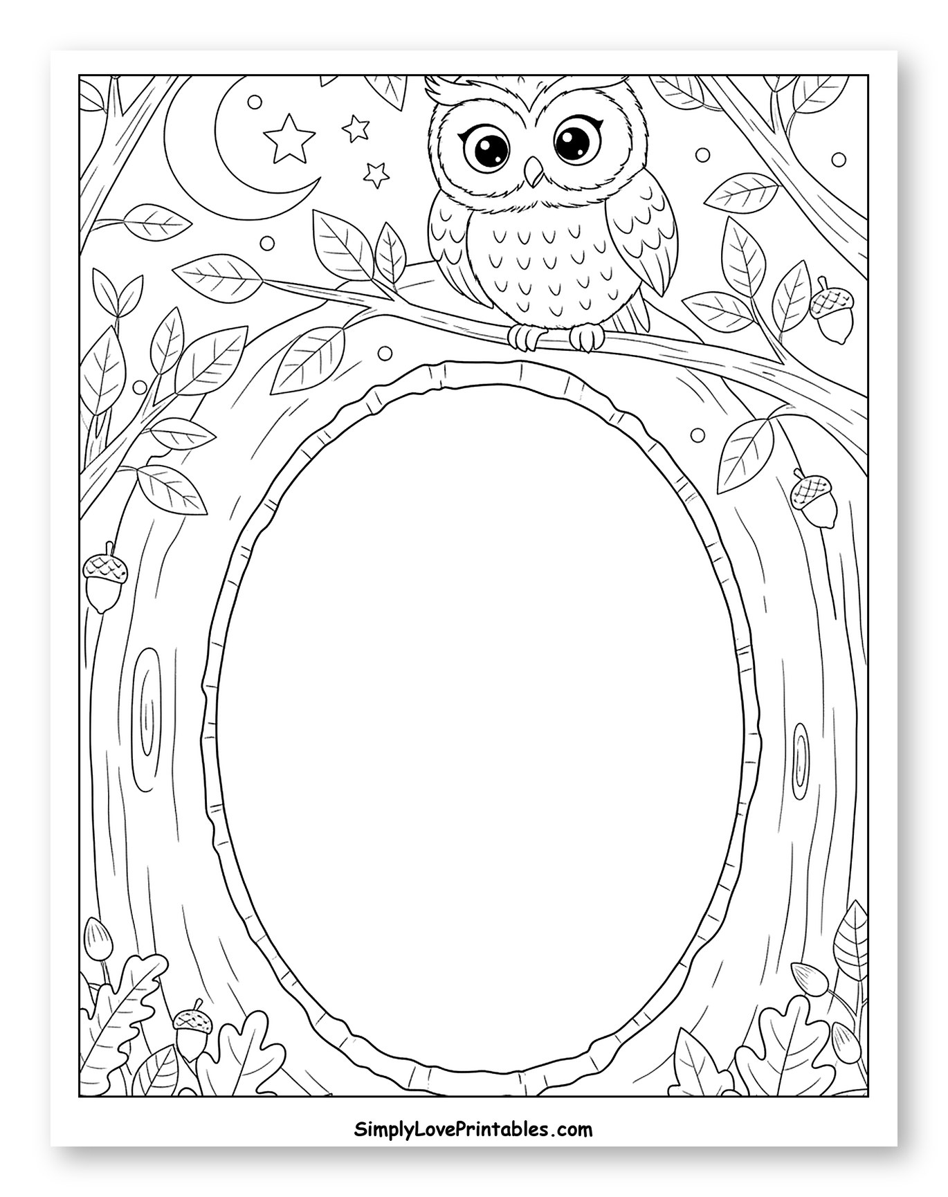 Cute Owl on Tree Branch with Moon Frame Coloring Sheet for Kids