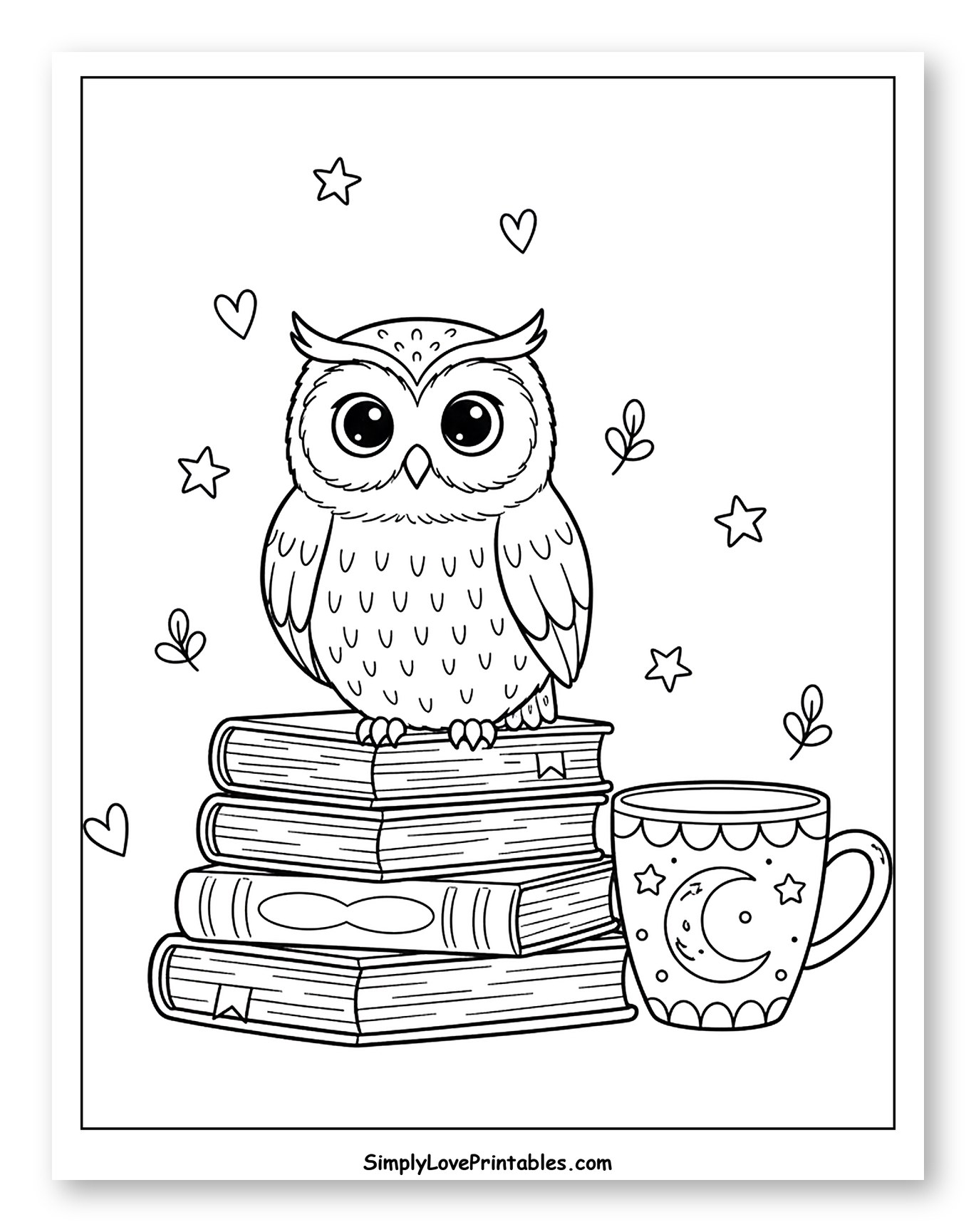 Cute Owl Perched on Books with Mug to Color for Adults