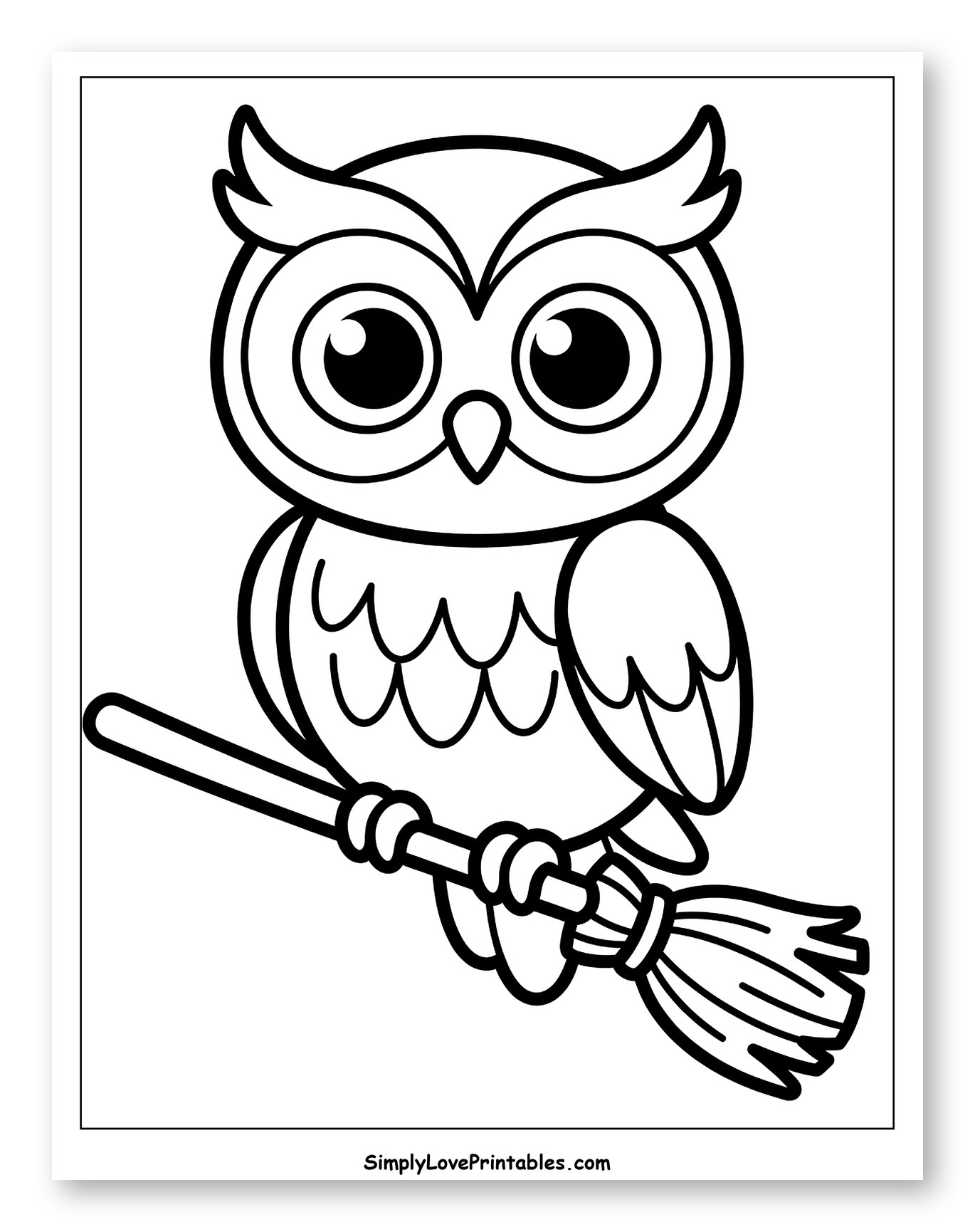 Cute Owl Riding a Witch's Broomstick Coloring Page for Toddlers