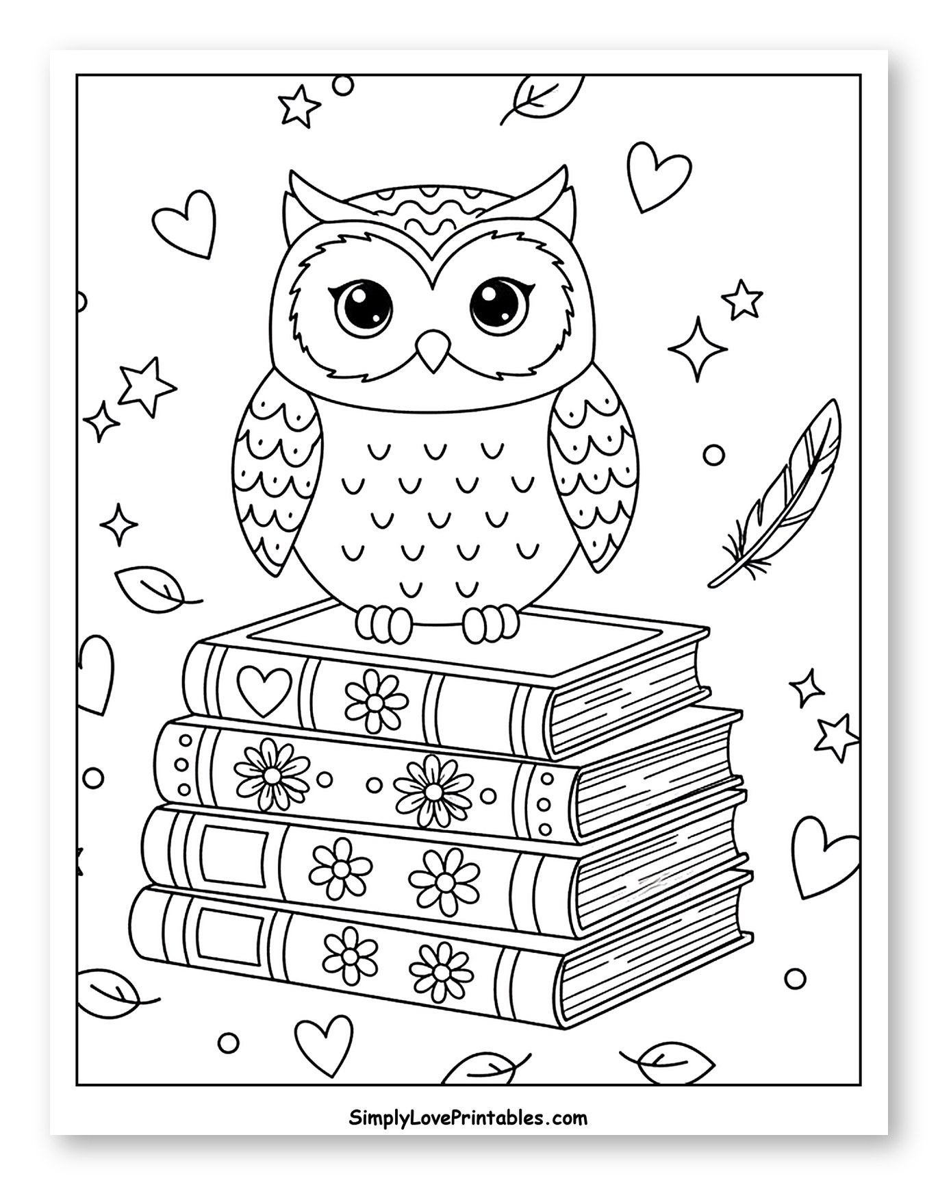 Cute Owl Sitting on Stack of Books to Color for Adults