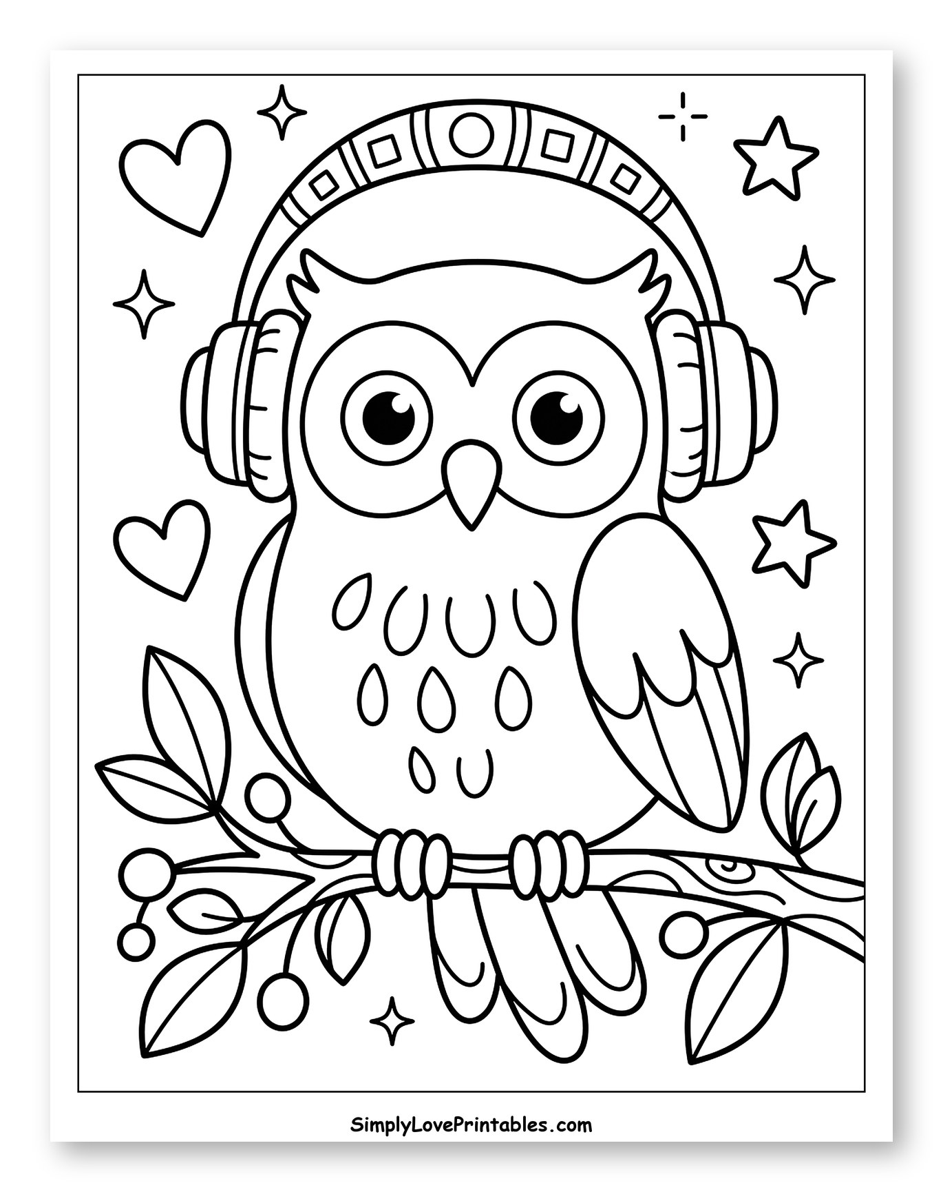 Cute Owl Wearing Headphones on a Branch Coloring Sheet for Adults