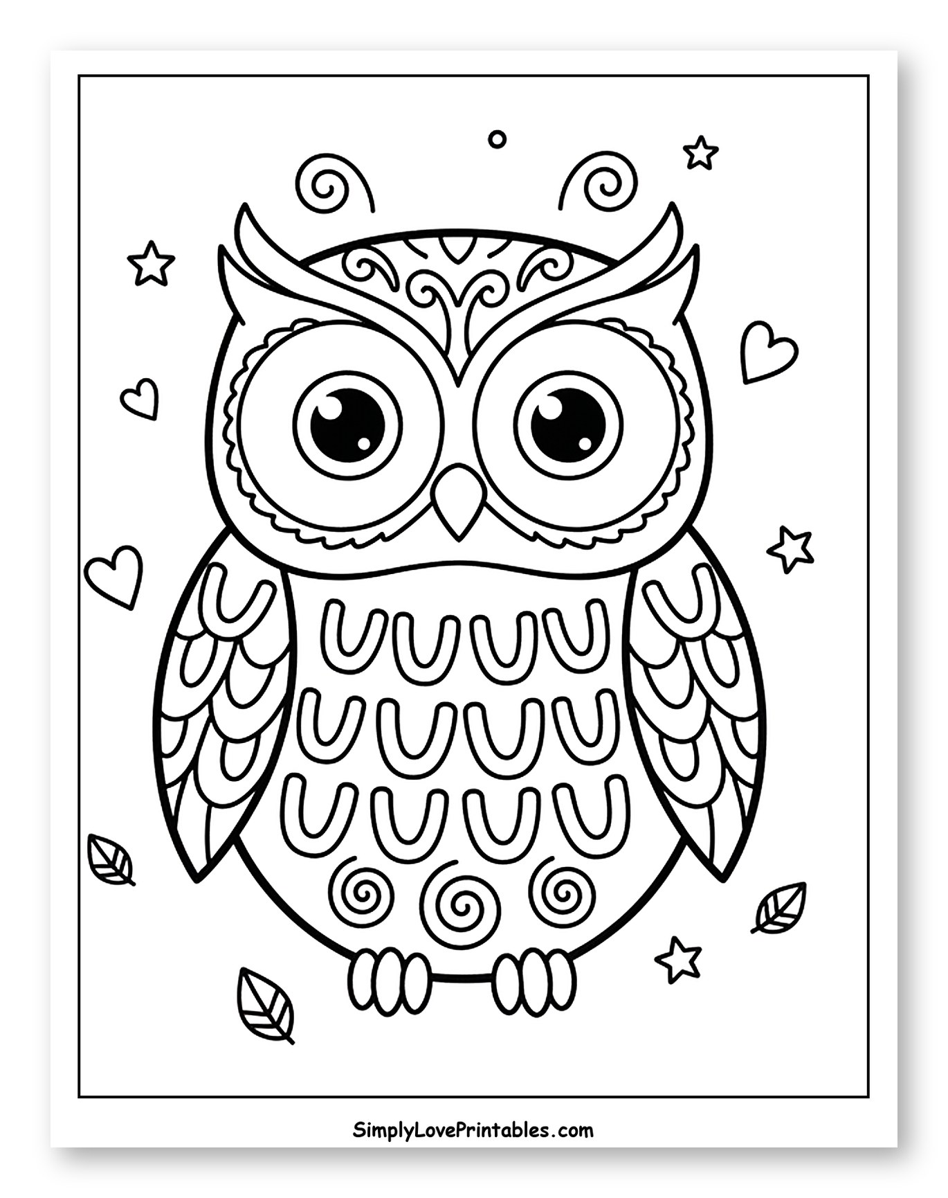 Cute Owl with Swirls, Hearts, and Stars