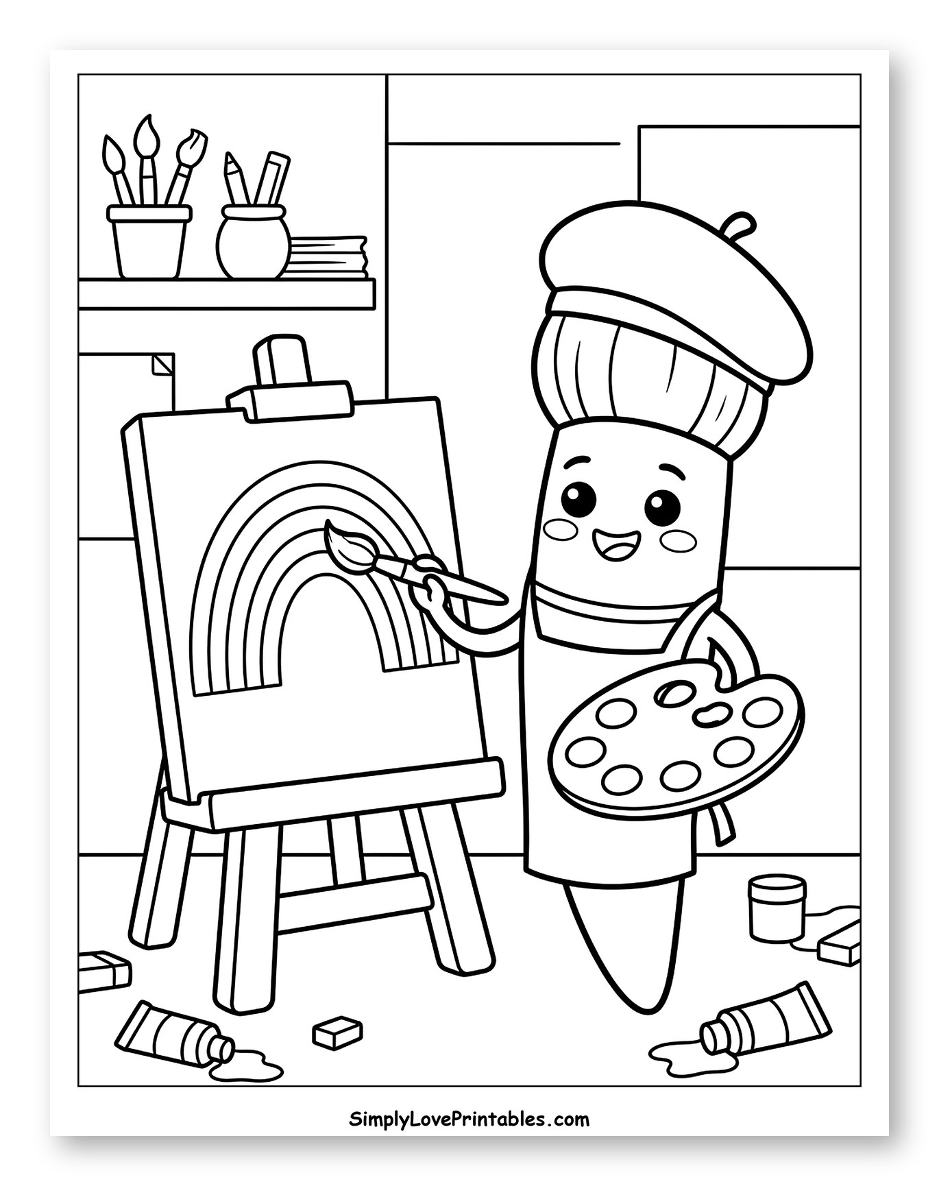 Cute Paintbrush Painting a Rainbow on Easel Coloring Page for Kids
