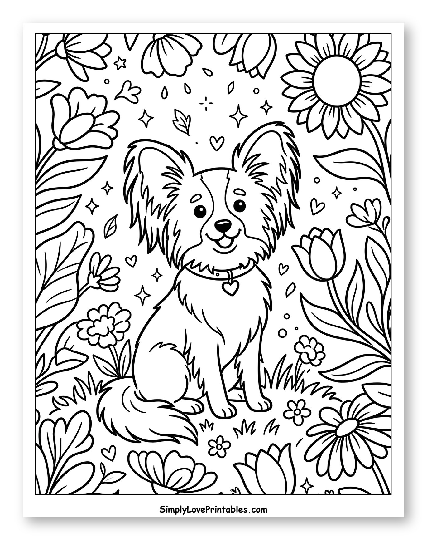 Cute Papillon Dog Among Spring Flowers Coloring Sheet for Adults