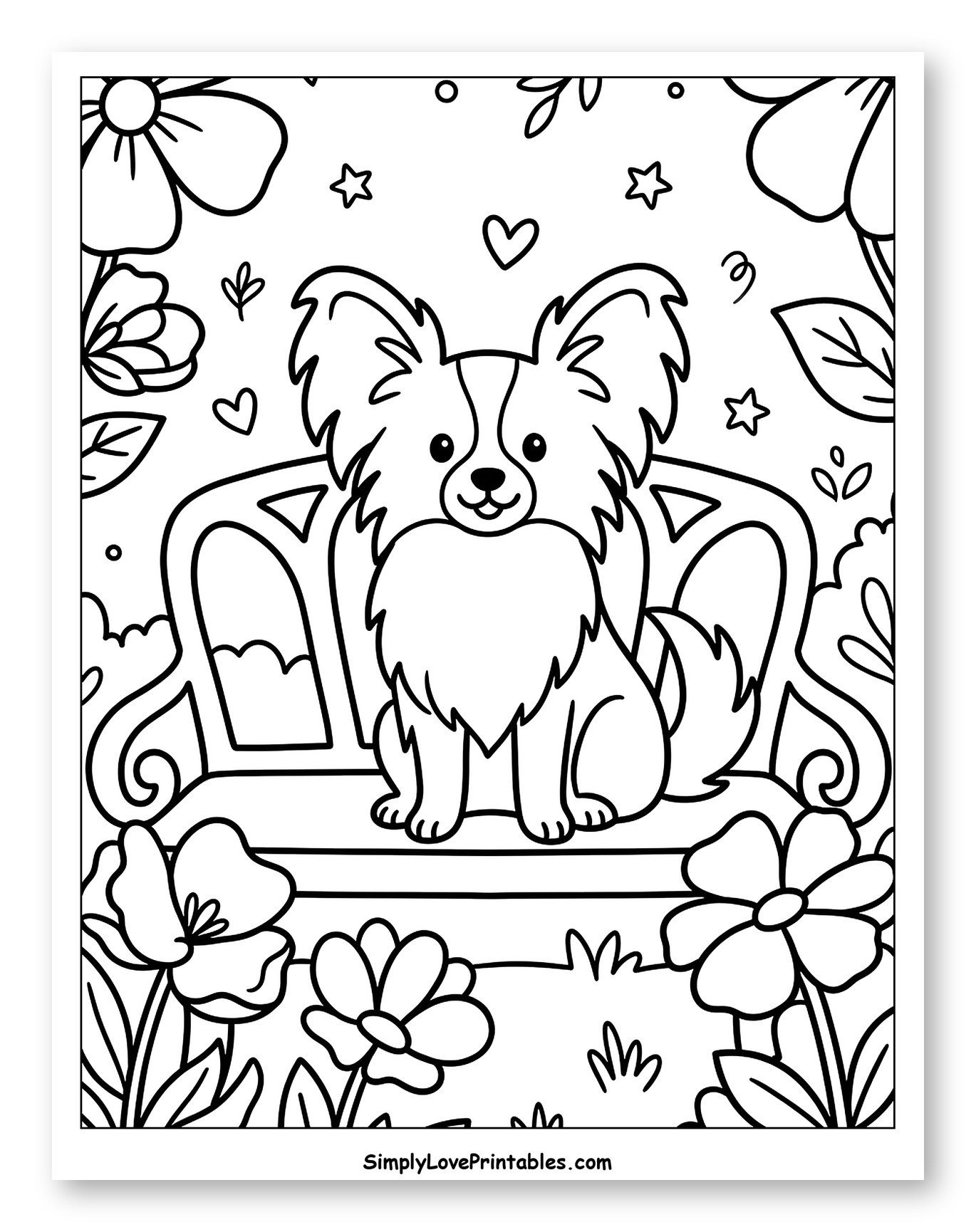Cute Papillon Dog on a Garden Bench to Color for Adults