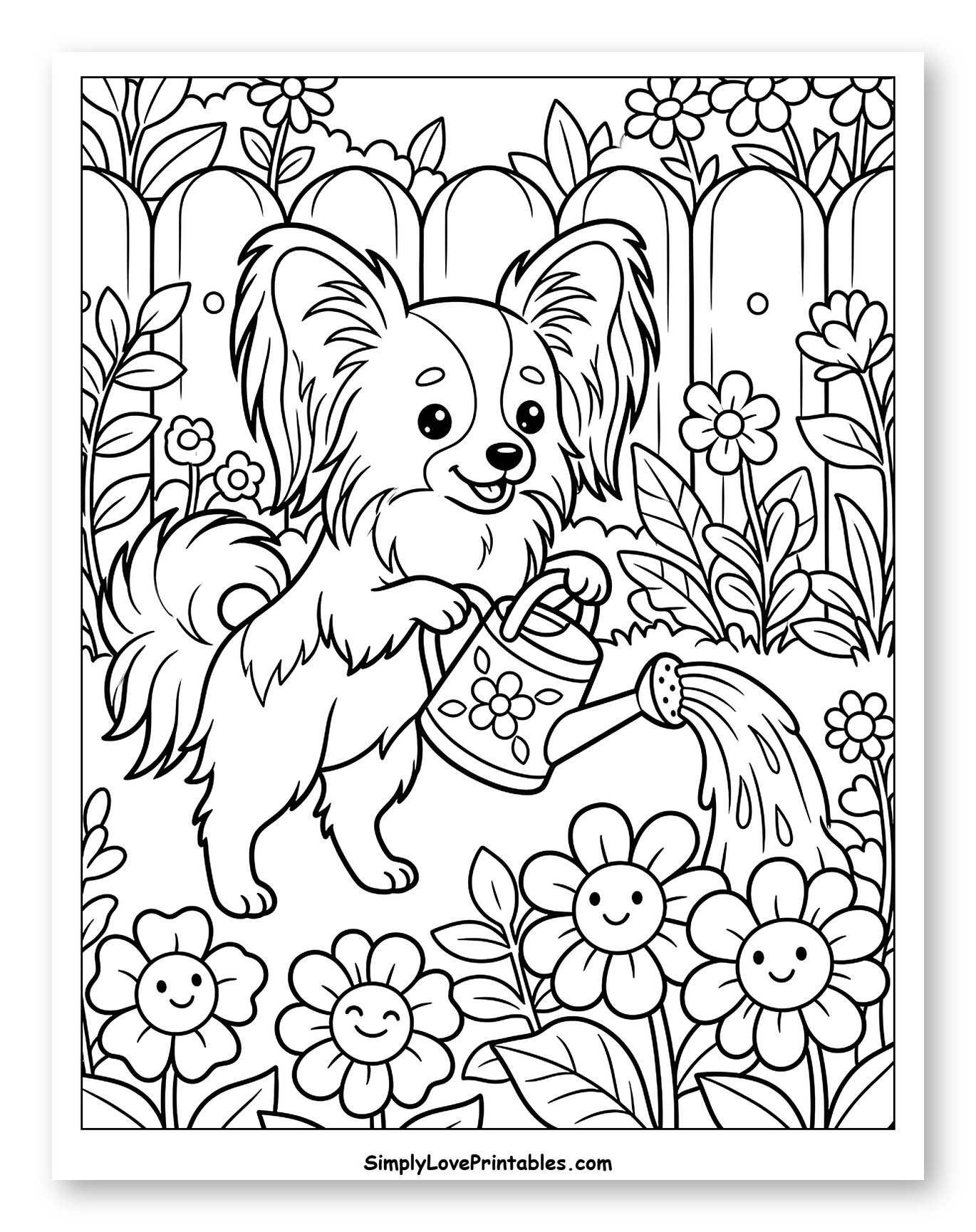 Cute Papillon Dog Watering Smiling Flowers