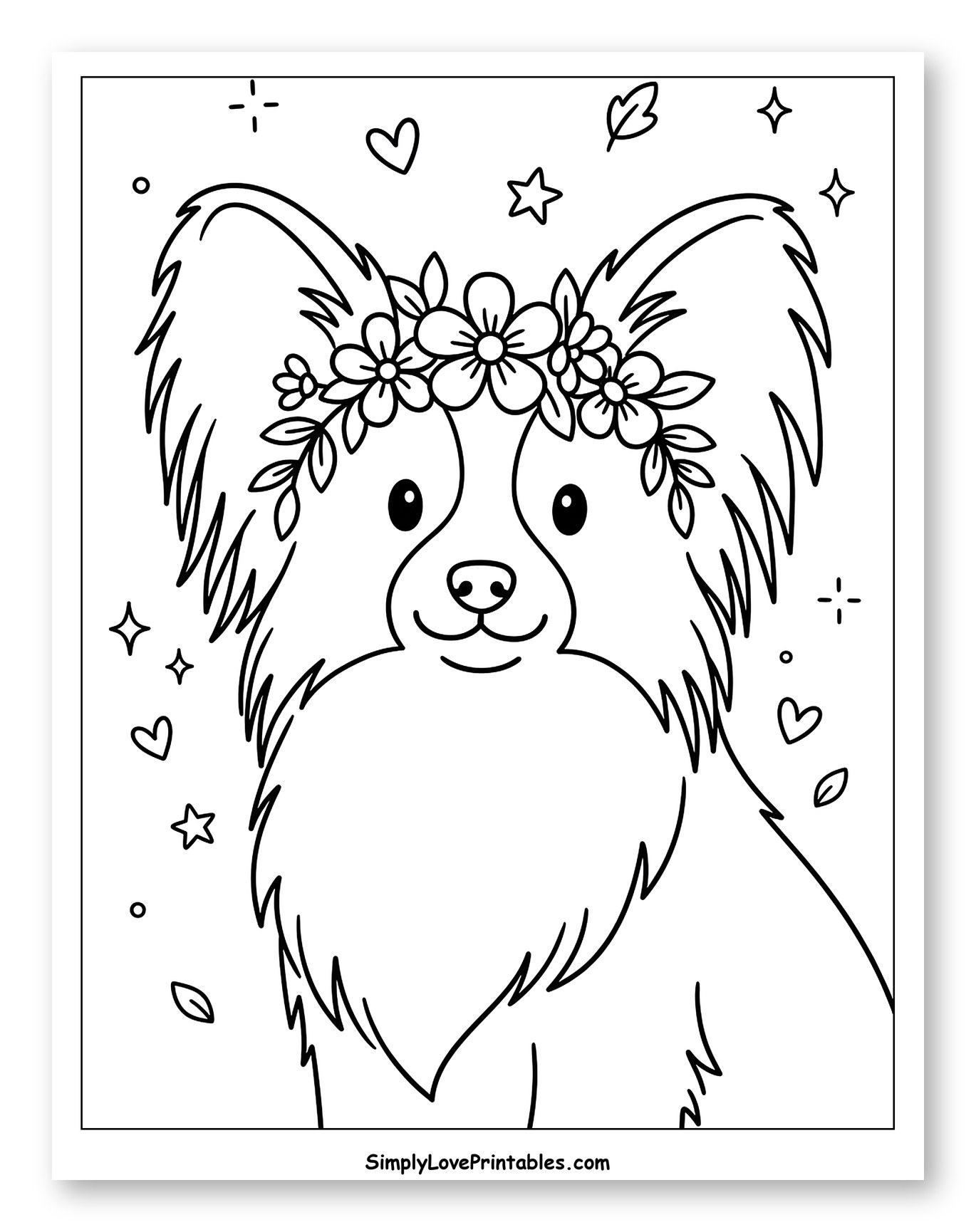 Cute Papillon Dog Wearing Flower Crown Coloring Sheet for Adults