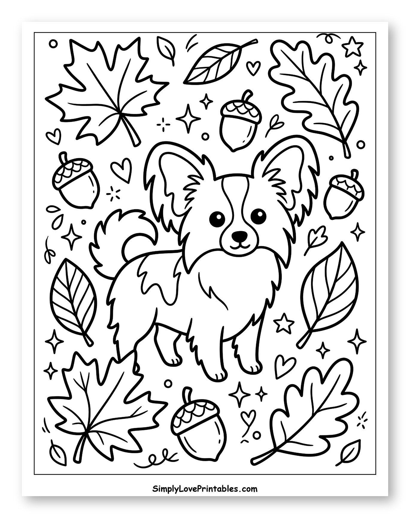 Cute Papillon Dog with Autumn Leaves and Acorns to Color for Adults
