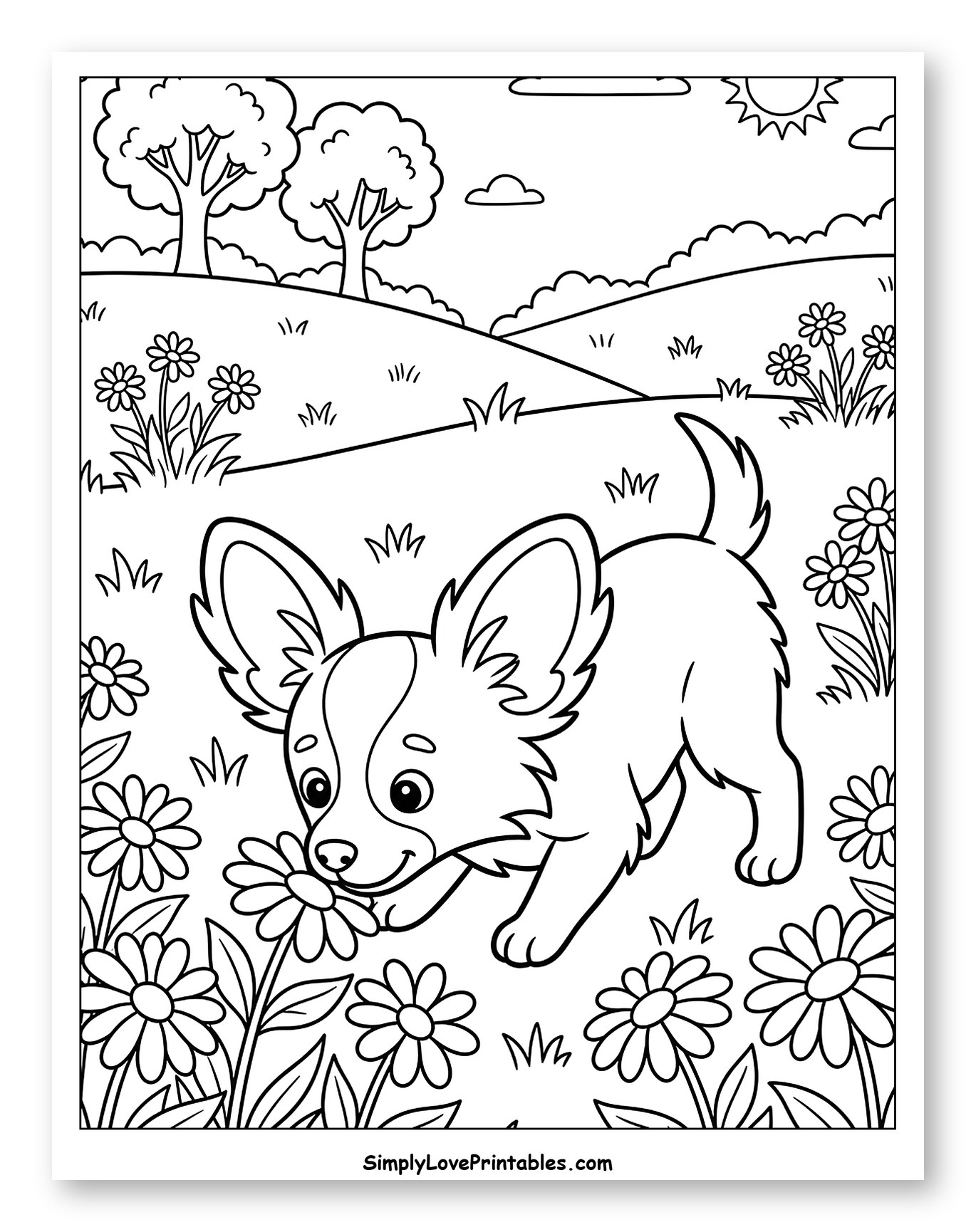 Cute Papillon Puppy Sniffing Flowers in Field