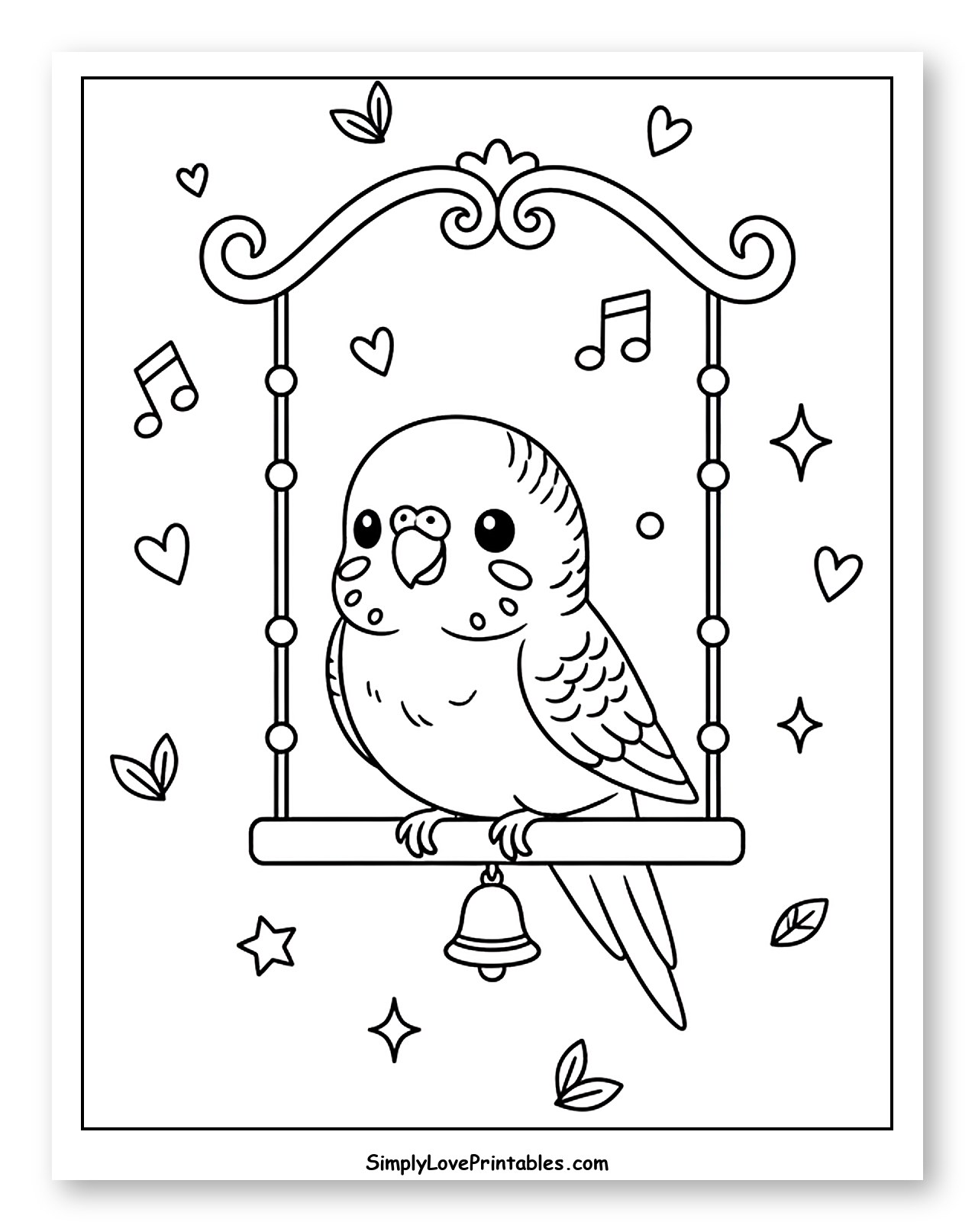 Cute Parakeet on a Swing with Bell Coloring Sheet for Adults