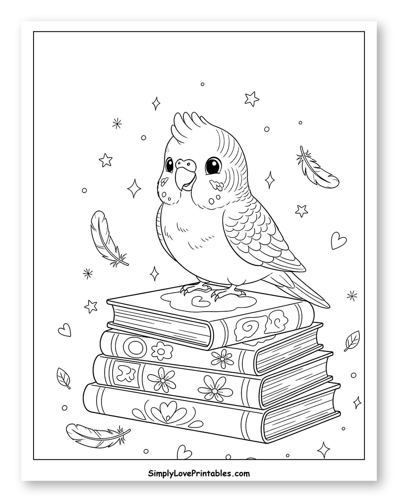 Cute Parakeet on Stack of Books Coloring Sheet for Adults
