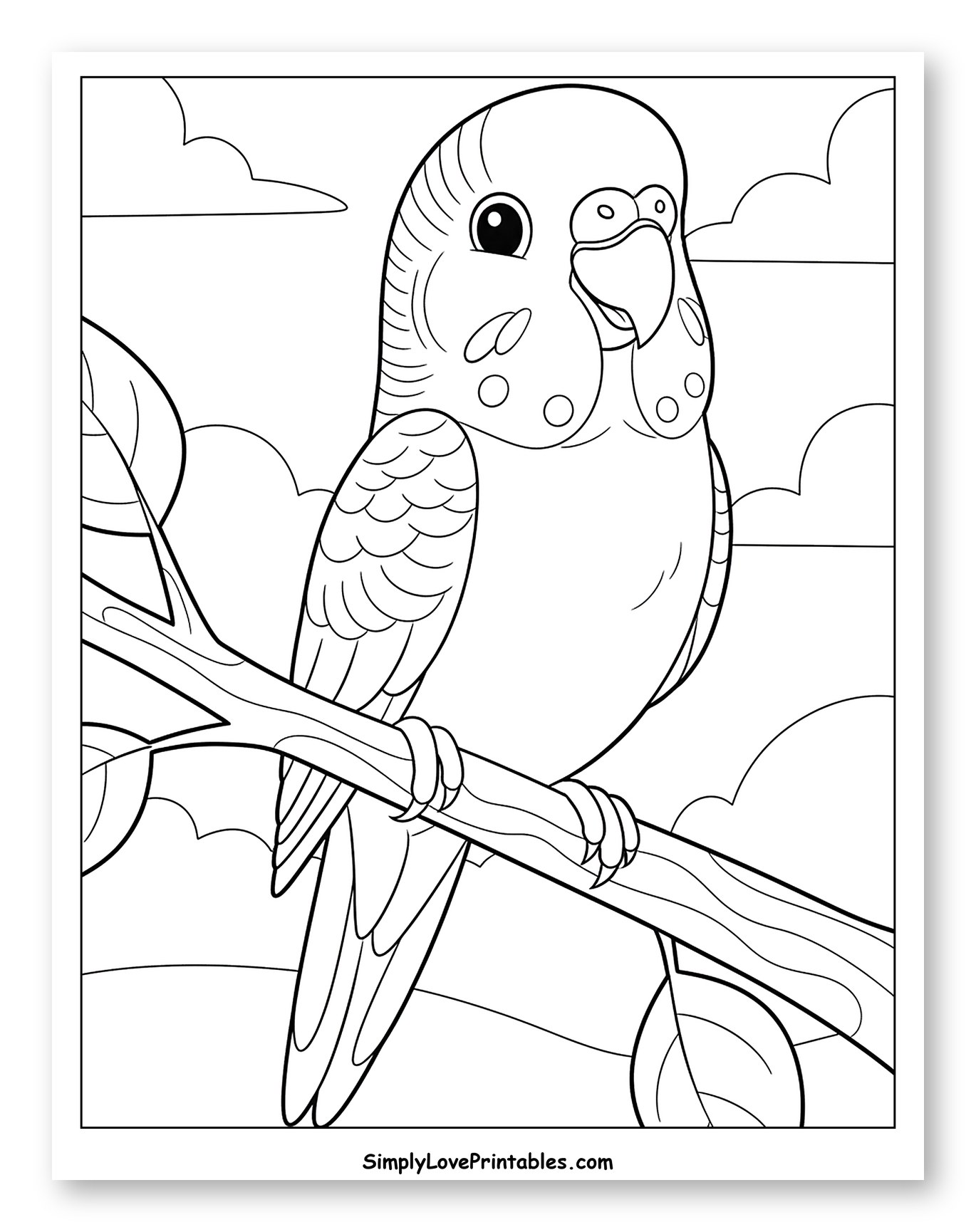 Cute Parakeet Perched on a Branch Coloring Page for Toddlers