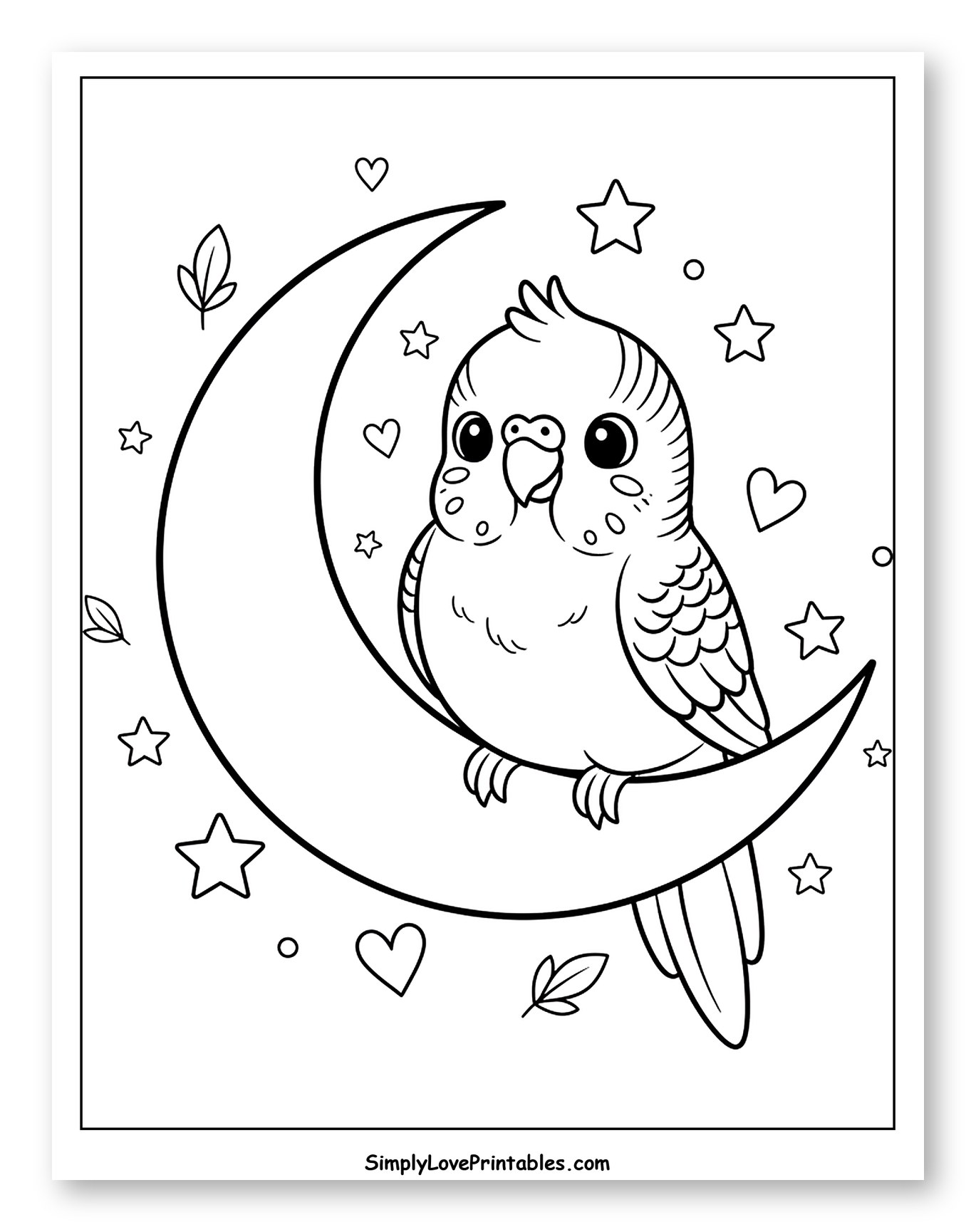 Cute Parakeet Perched on a Moon Coloring Page for Adults
