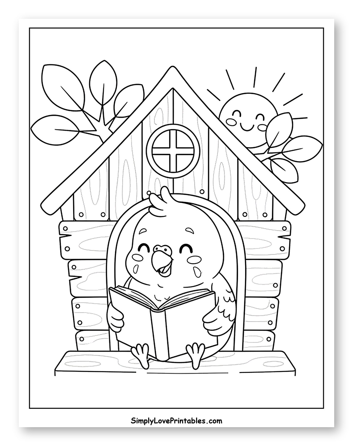 Cute Parakeet Reading in Birdhouse to Color for Kids