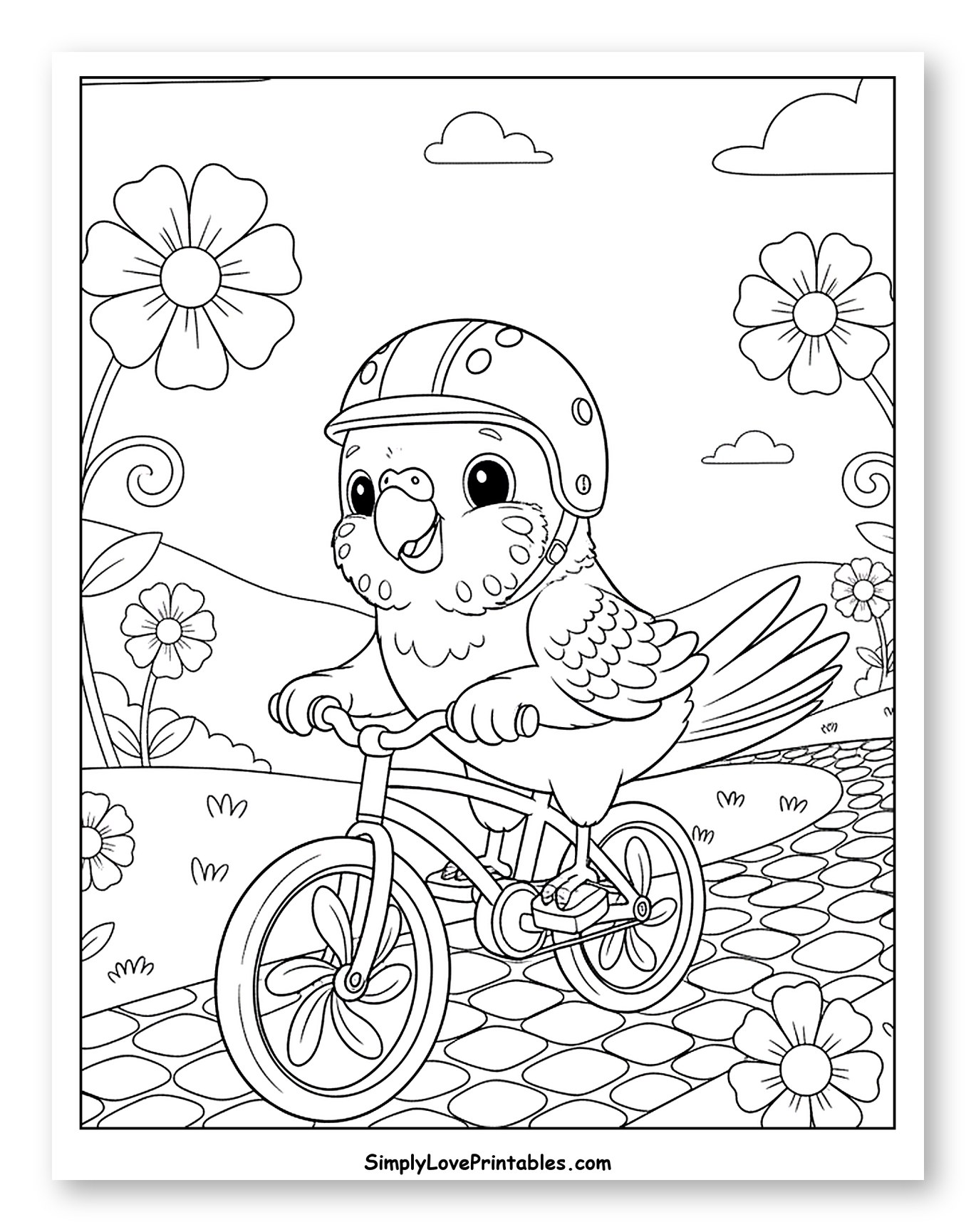 Cute Parakeet Riding Bicycle Coloring Sheet for Kids