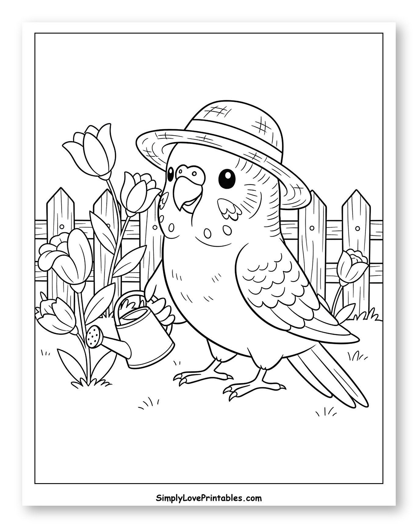 Cute Parakeet Wearing a Hat Watering Tulips