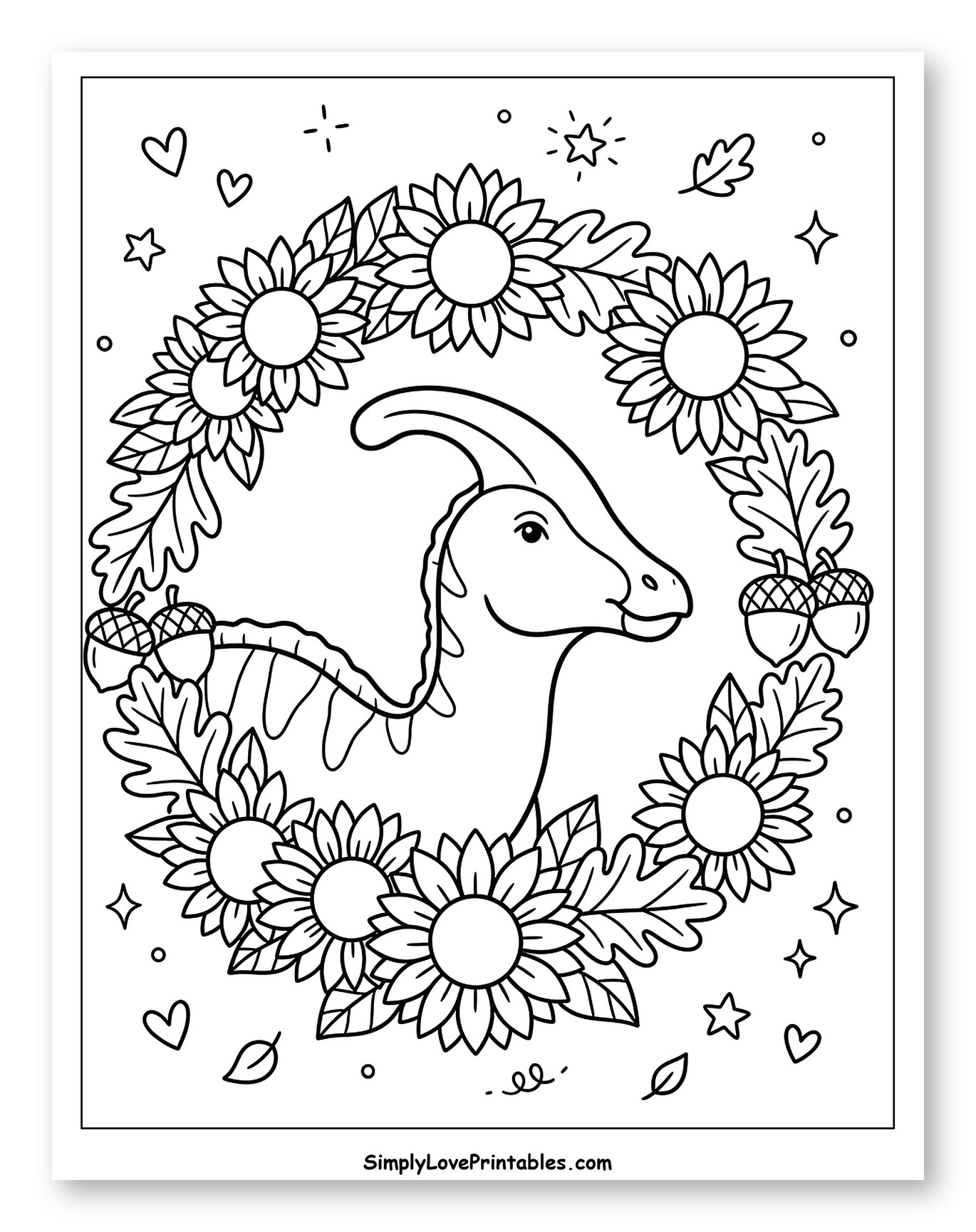 Cute Parasaurolophus inside an Autumn Sunflower Wreath