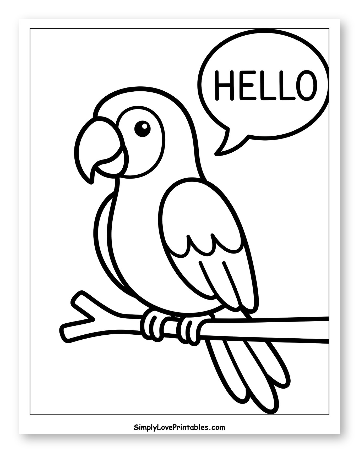 Cute Parrot Saying Hello on a Branch Coloring Sheet for Toddlers