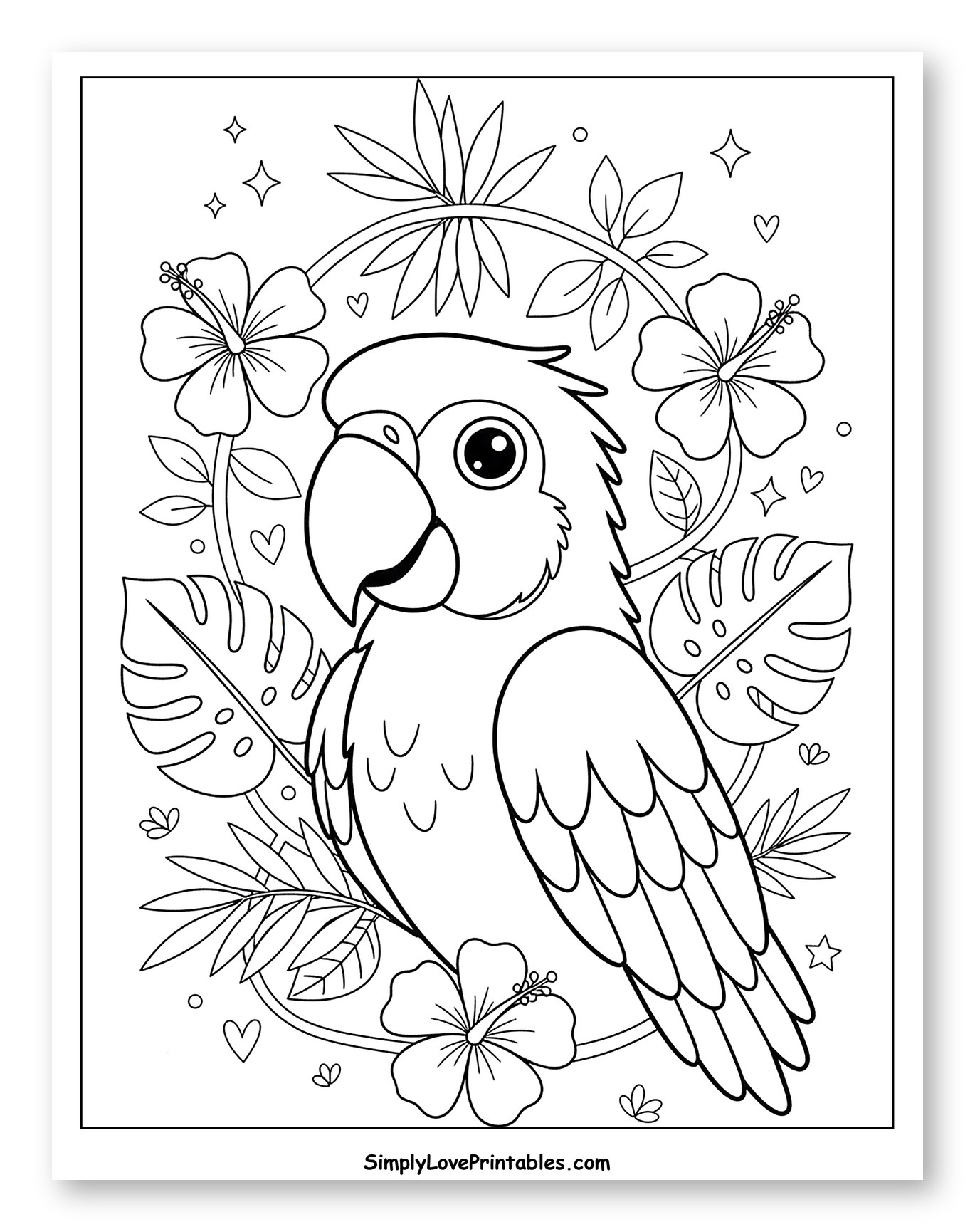 Cute Parrot with Tropical Leaves and Hibiscus Flowers to Color for Adults