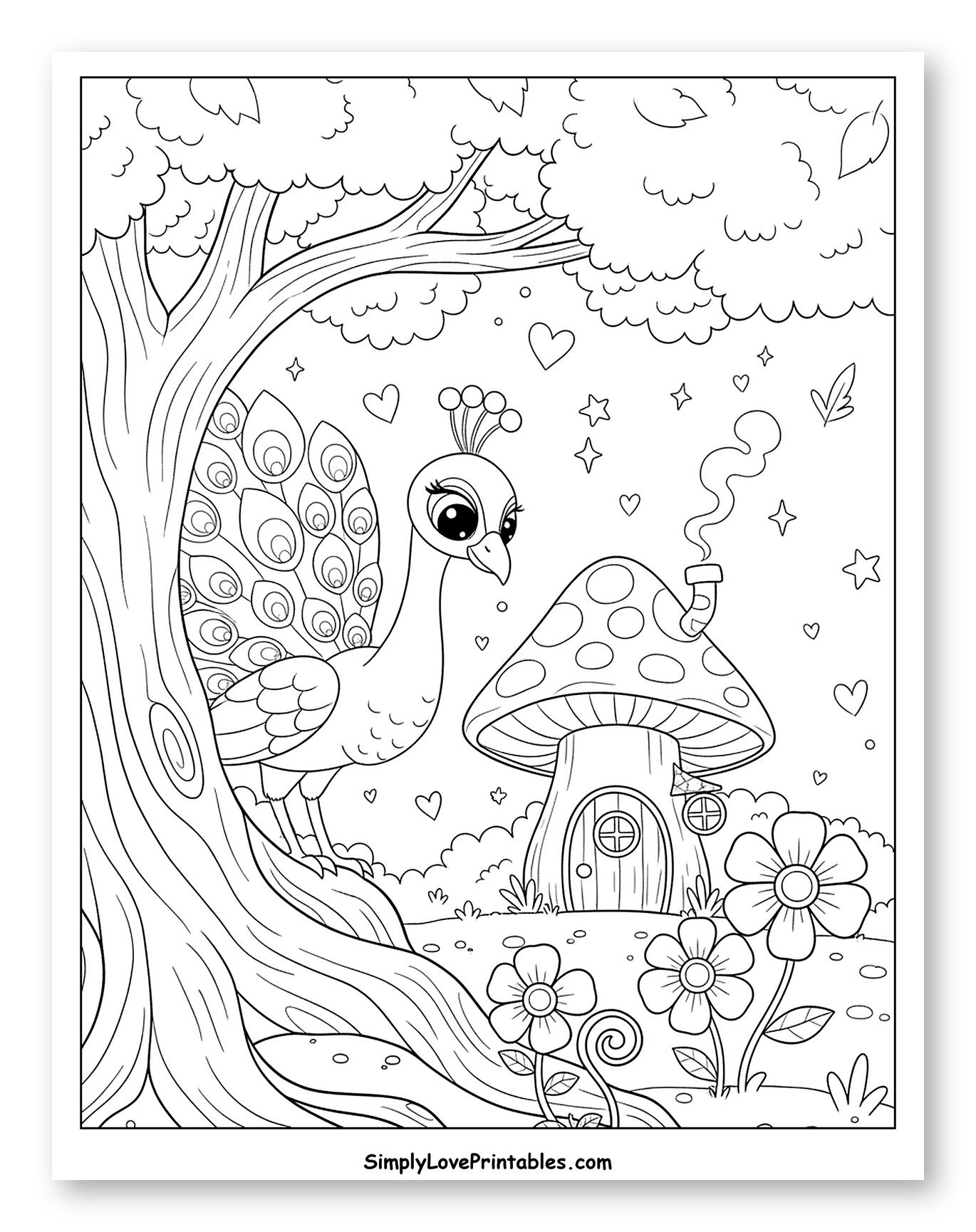 Cute Peacock by a Tree and Mushroom House Coloring Sheet for Adults