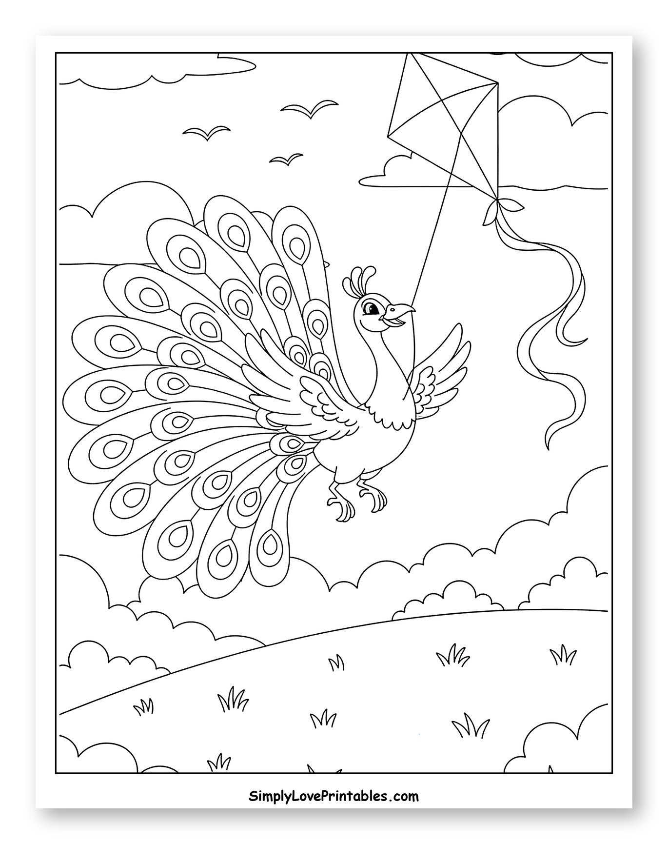 Cute Peacock Flying a Kite Over Hills Coloring Sheet for Kids