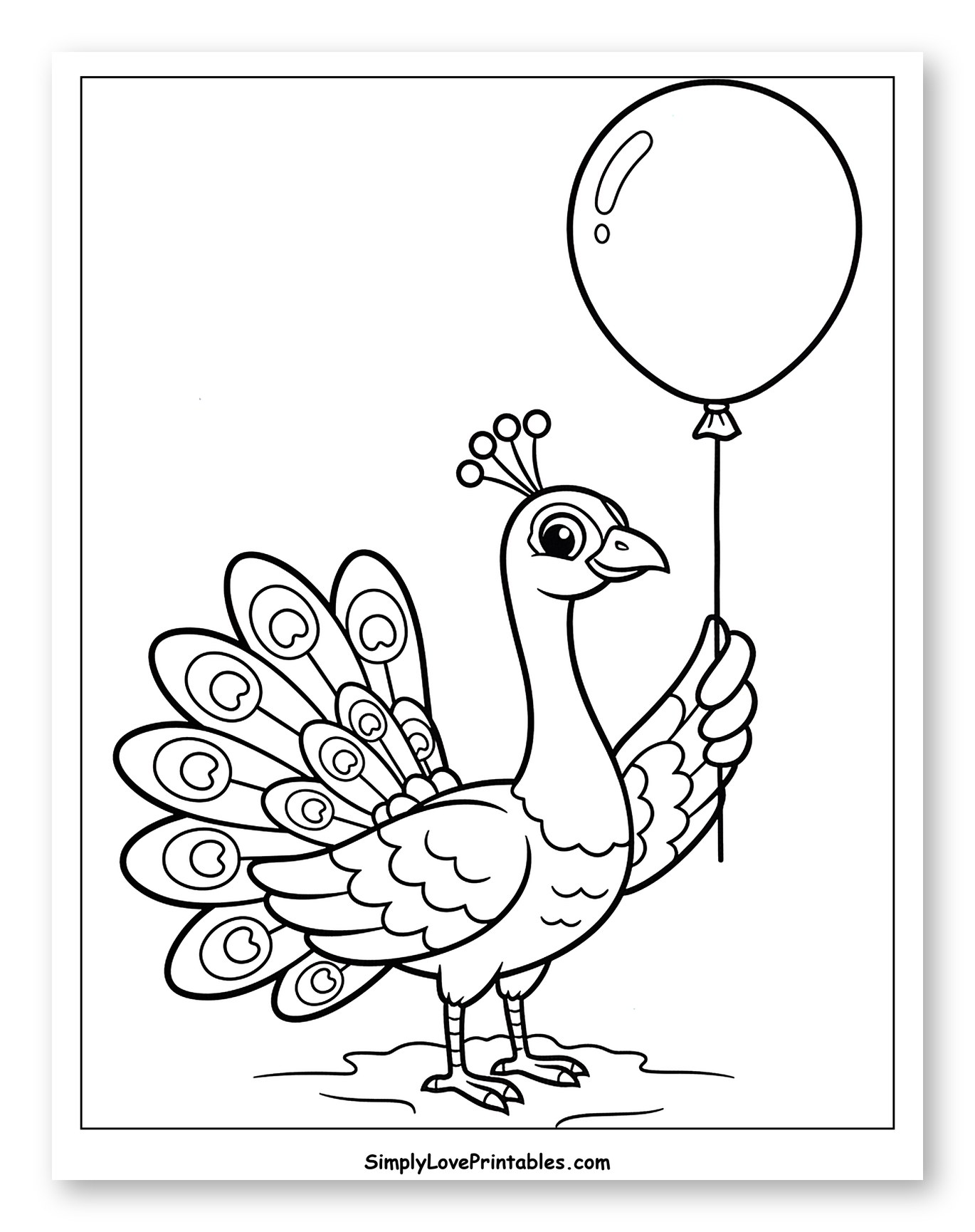 Cute Peacock Holding a Balloon Coloring Sheet for Toddlers