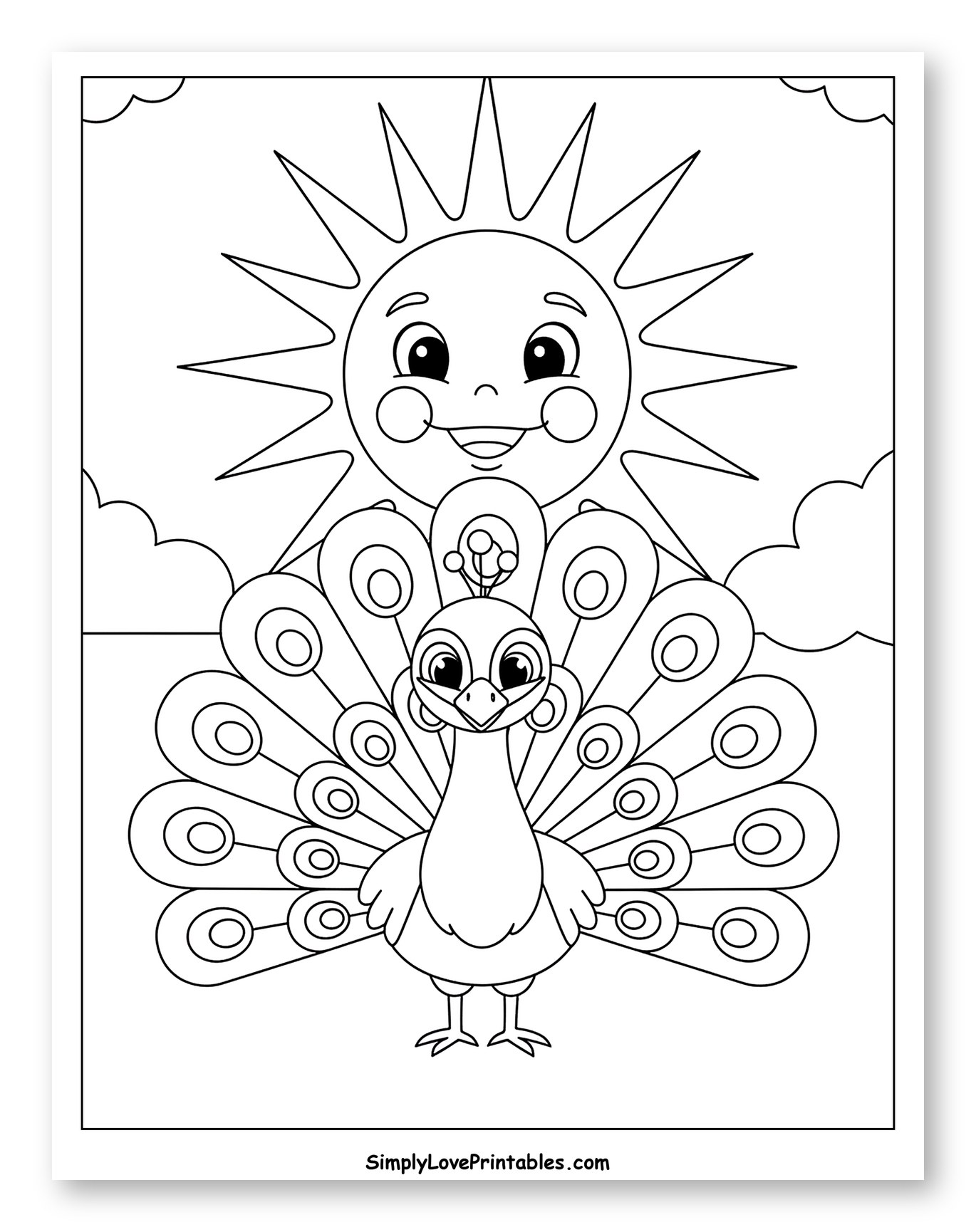 Cute Peacock with Fanned Tail and Smiling Sun to Color for Toddlers
