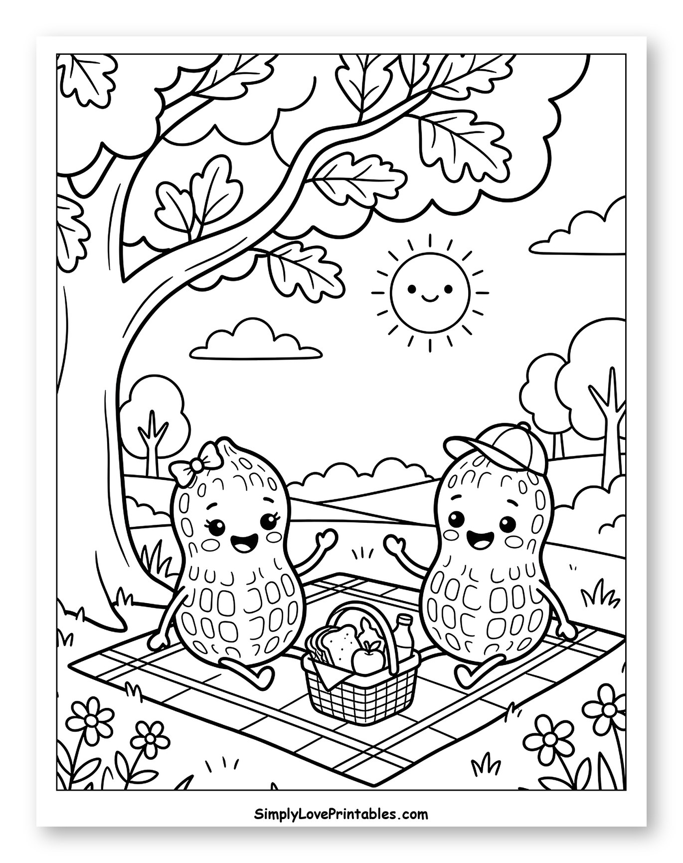 Cute Peanuts Enjoying a Picnic Outdoors Coloring Sheet for Kids