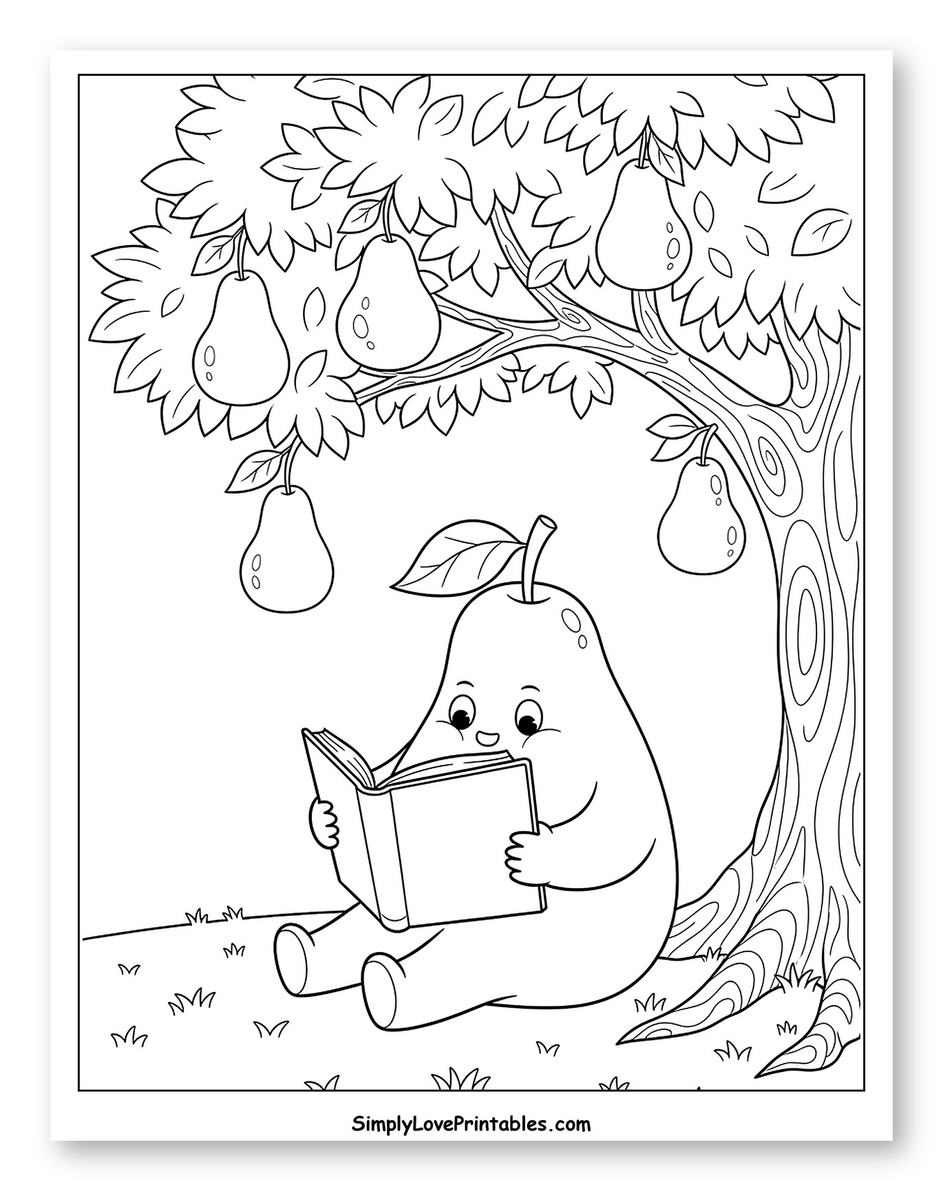 Cute Pear Character Reading Under a Tree Coloring Page for Kids
