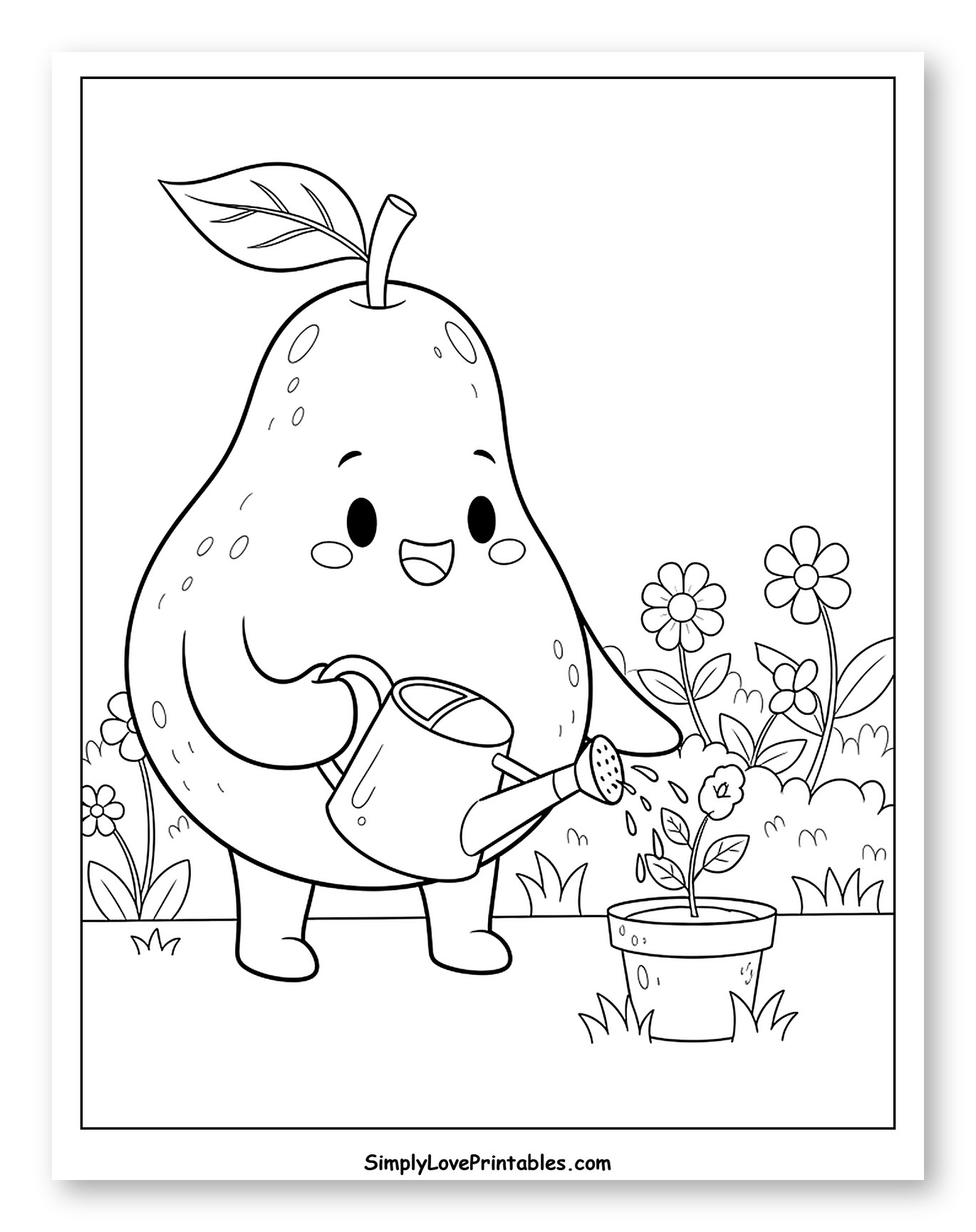 Cute Pear Watering a Potted Flower Coloring Page for Kids