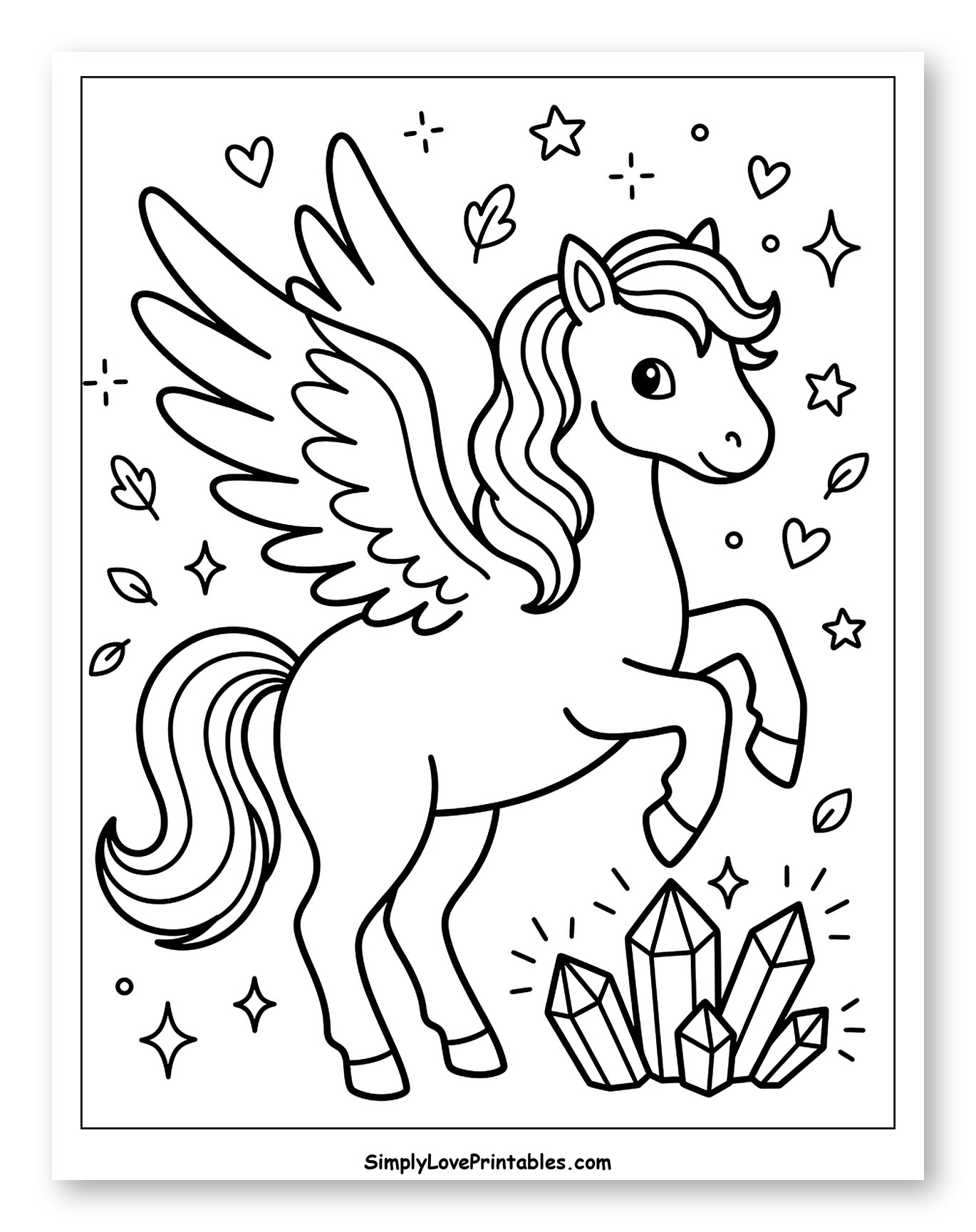 Cute Pegasus Among Sparkling Crystals Coloring Sheet for Adults
