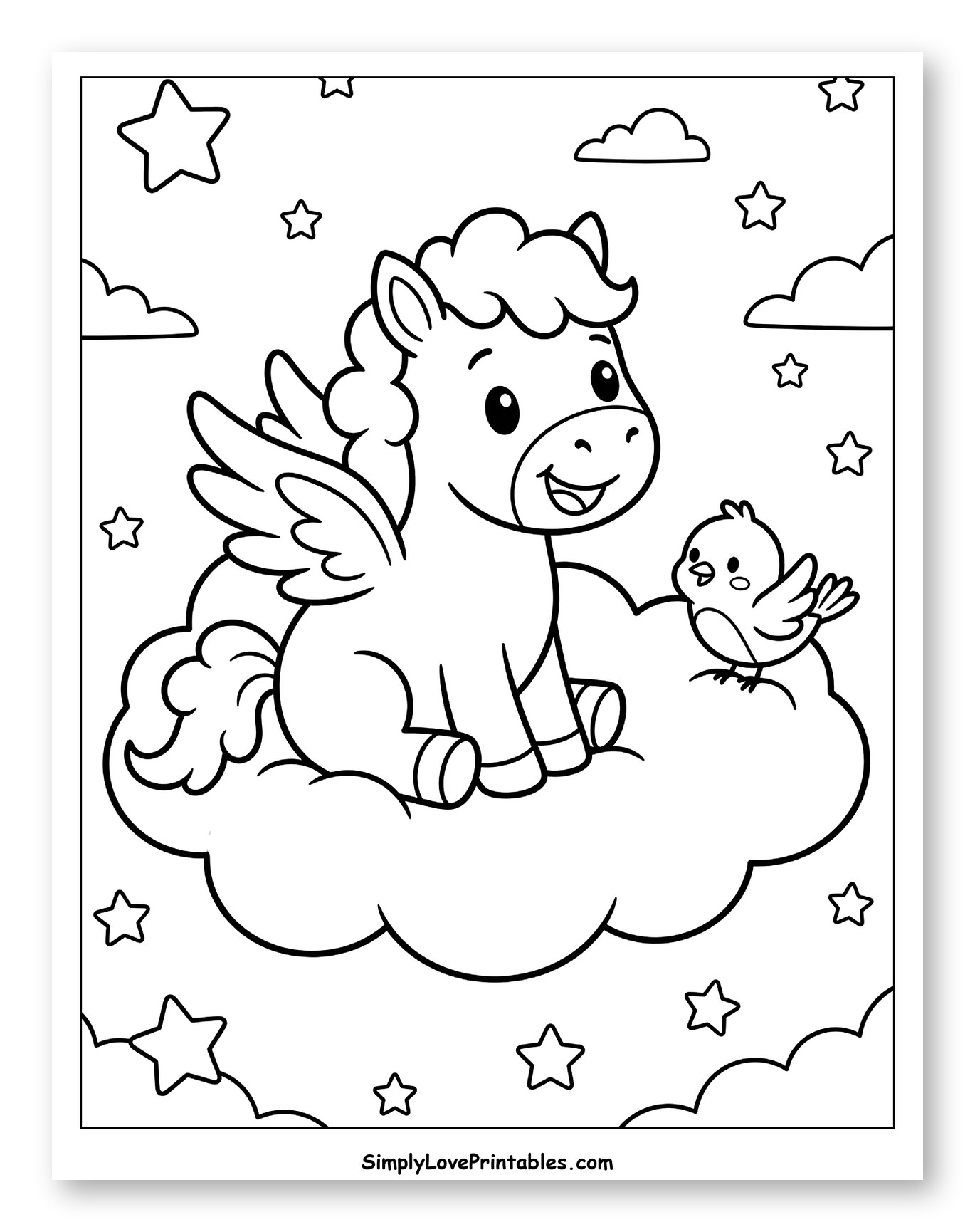 Cute Pegasus and Bird on a Cloud Coloring Page for Kids