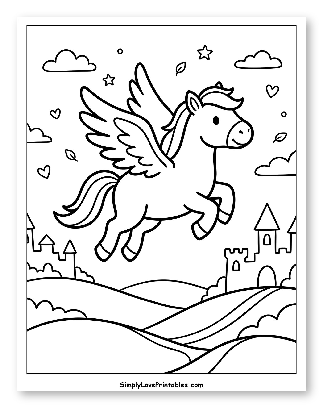 Cute Pegasus Flying Over Castles and Hills