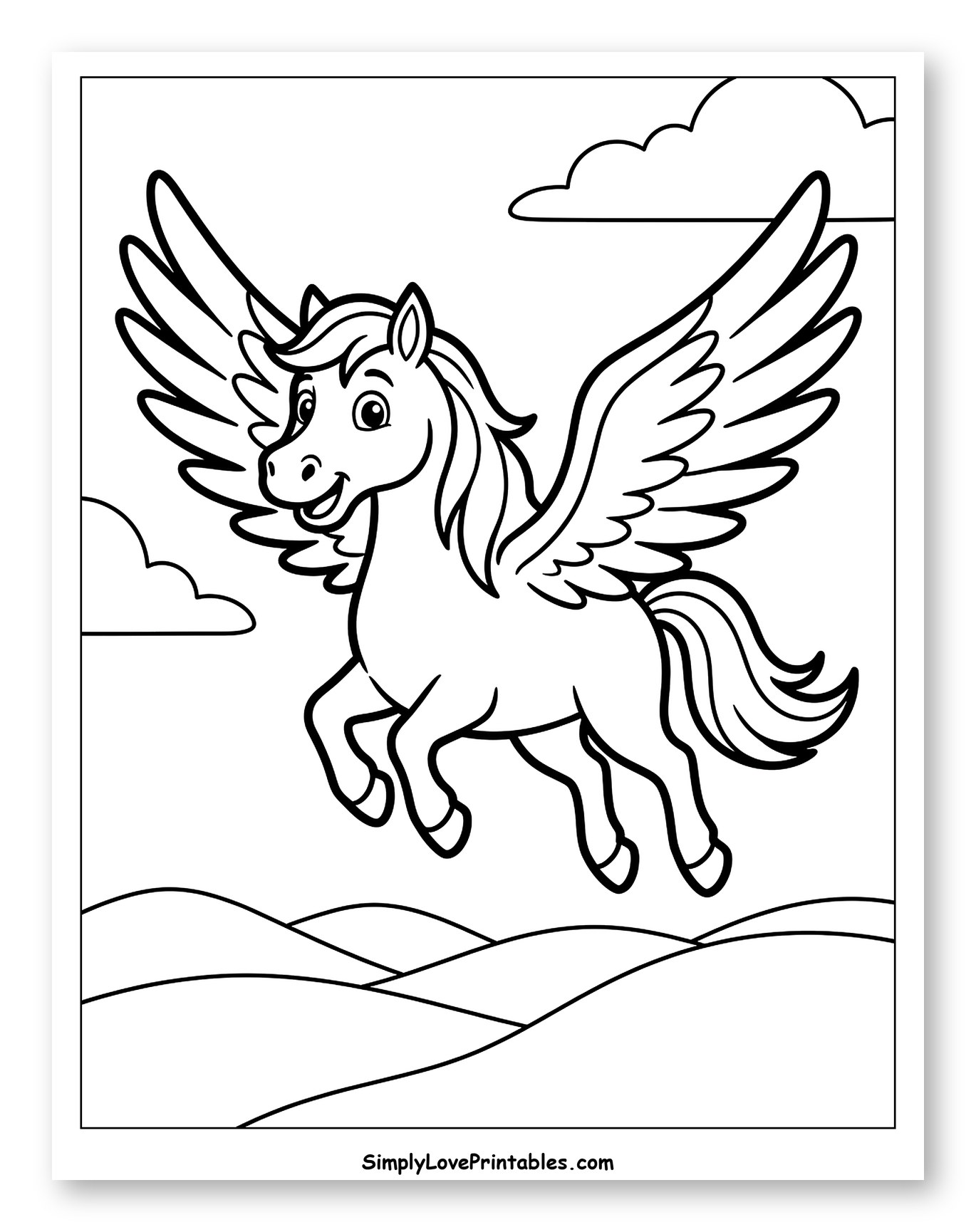 Cute Pegasus Flying Over Hills