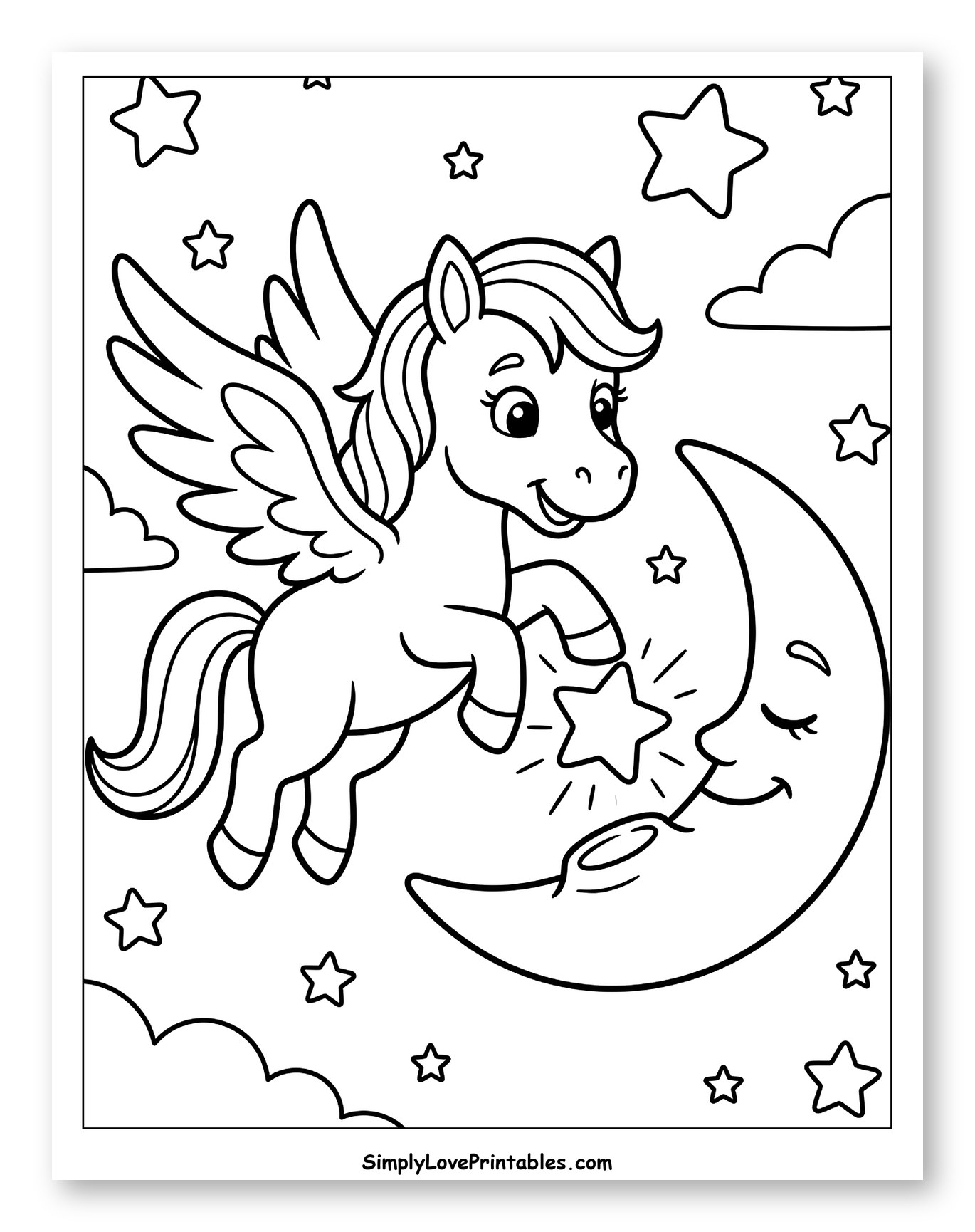 Cute Pegasus Giving a Star to the Moon Coloring Page for Kids