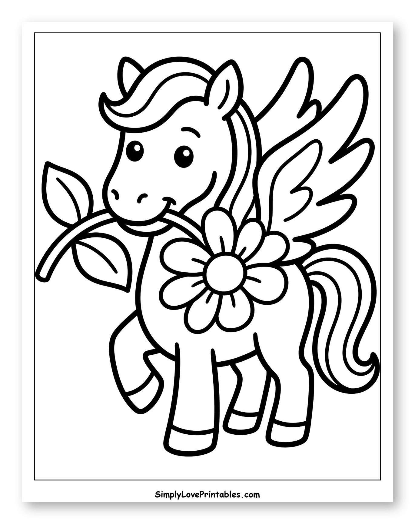 Cute Pegasus Holding a Flower Coloring Sheet for Toddlers
