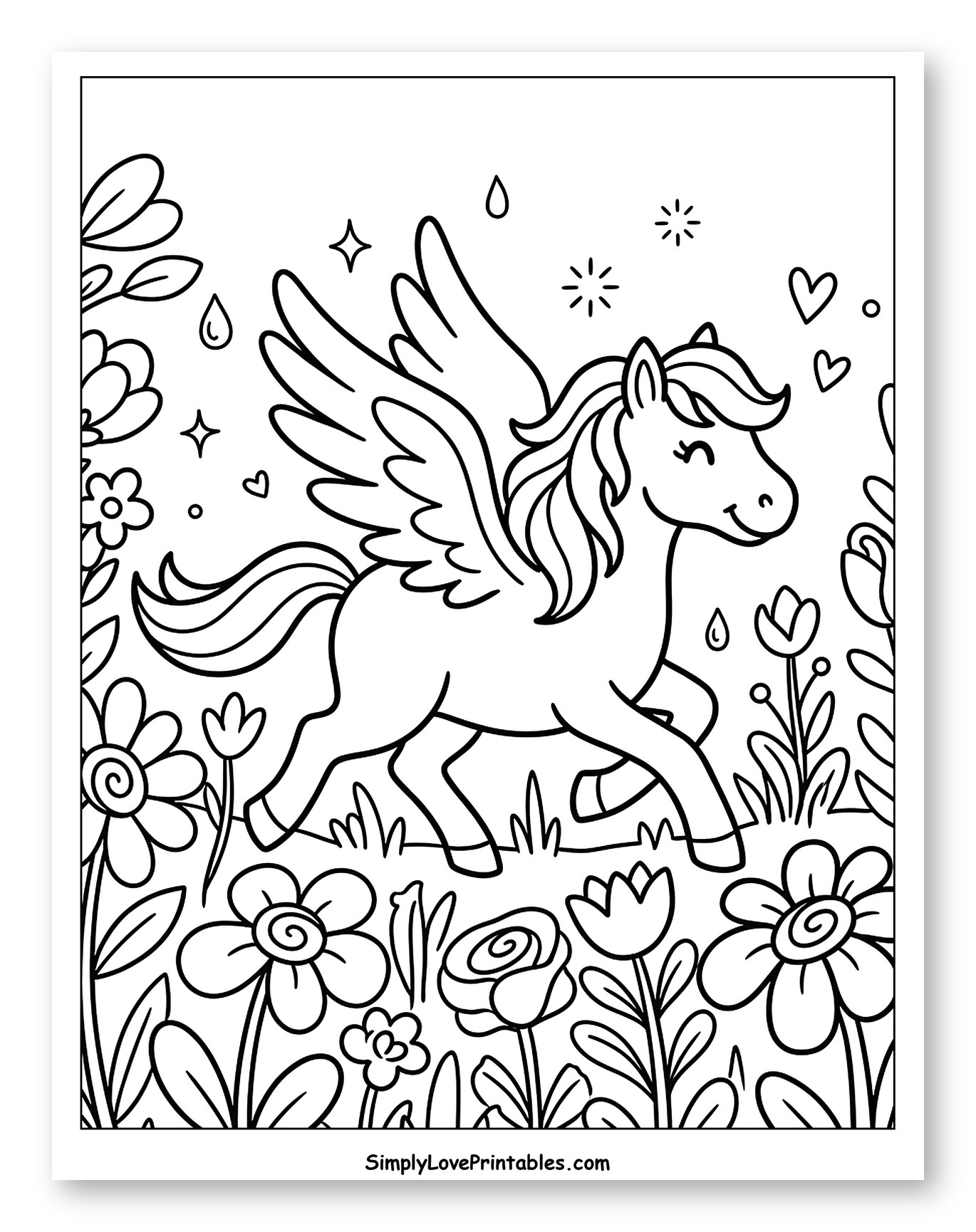 Cute Pegasus in a Flowery Garden to Color for Adults