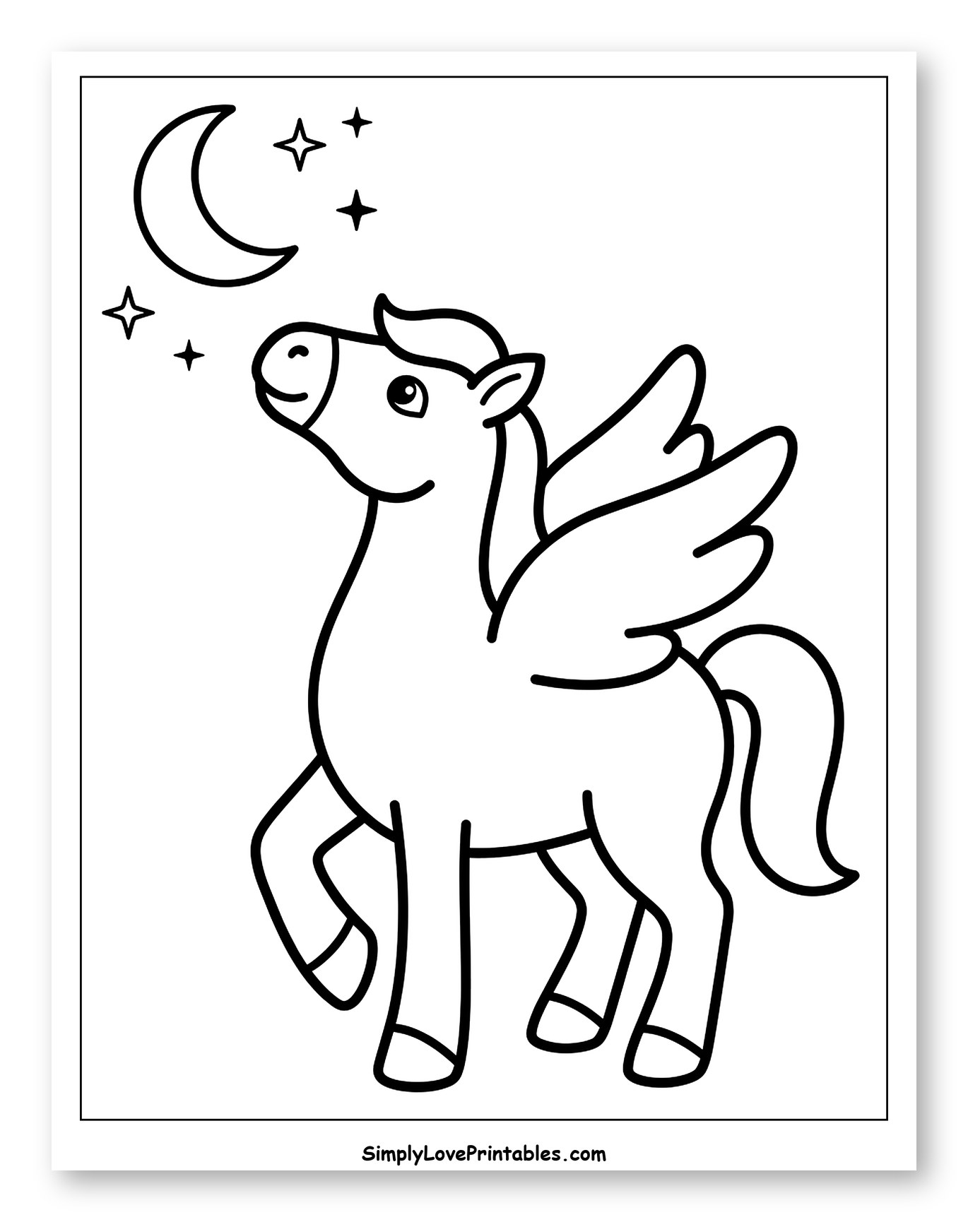 Cute Pegasus Looking at Moon and Stars Coloring Page for Toddlers