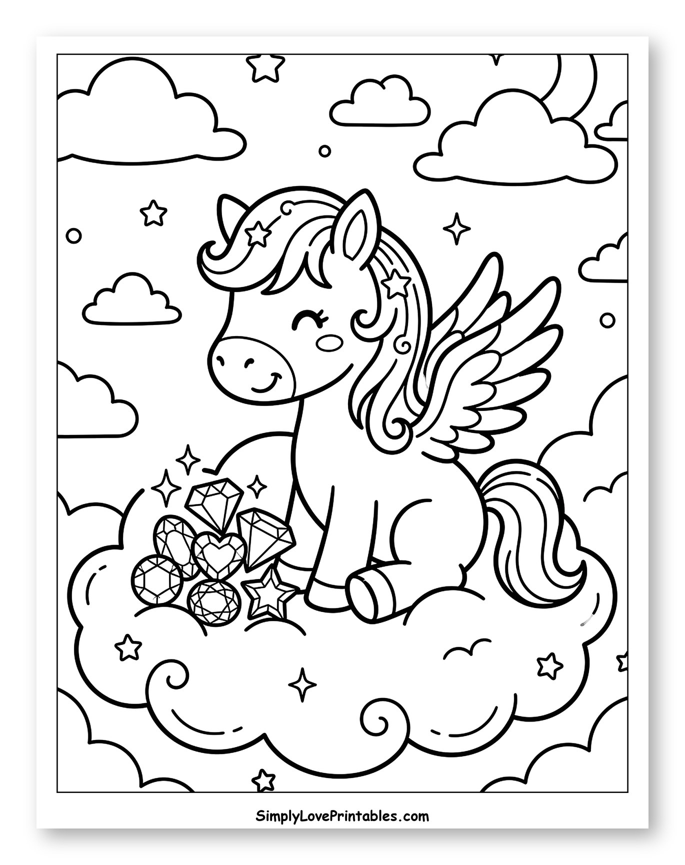 Cute Pegasus on Cloud with Sparkly Gems